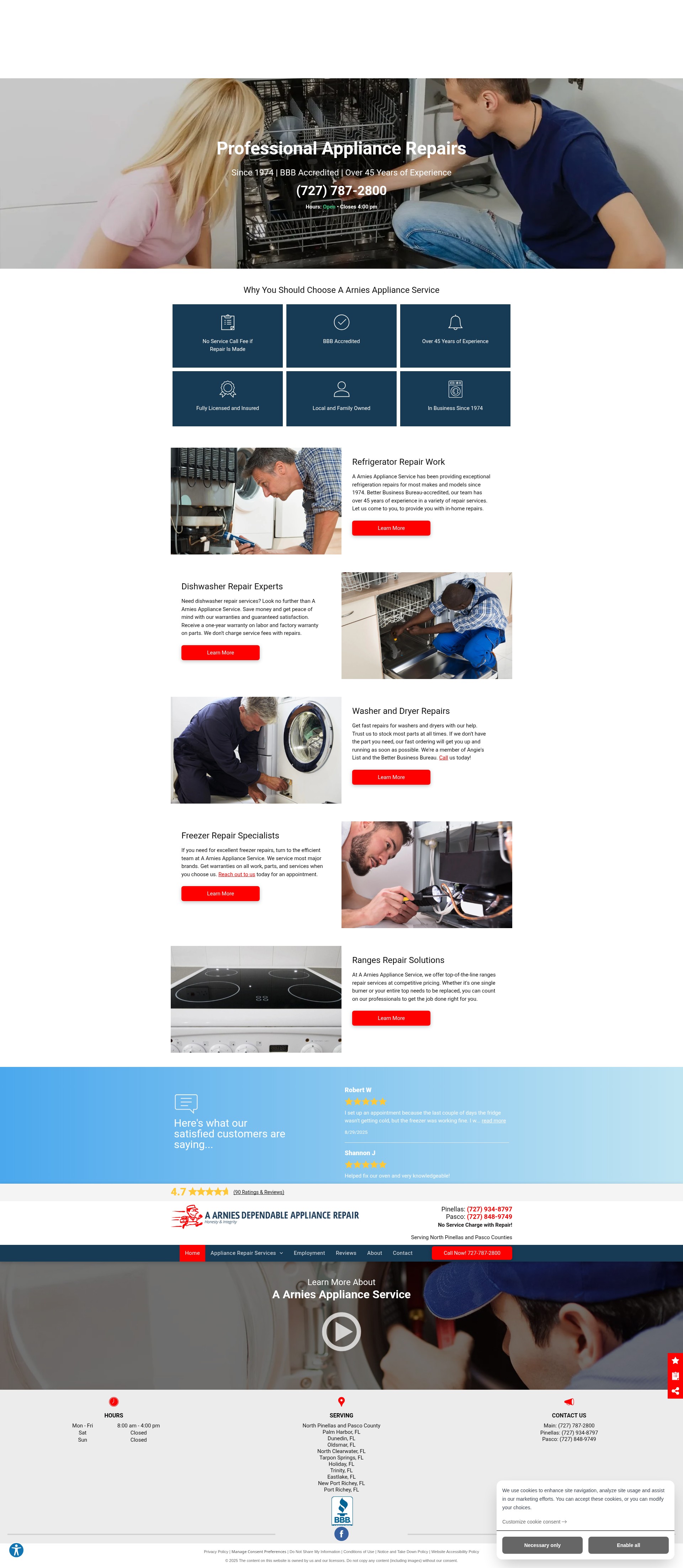 Screenshot of aarniesappliancerepair.com