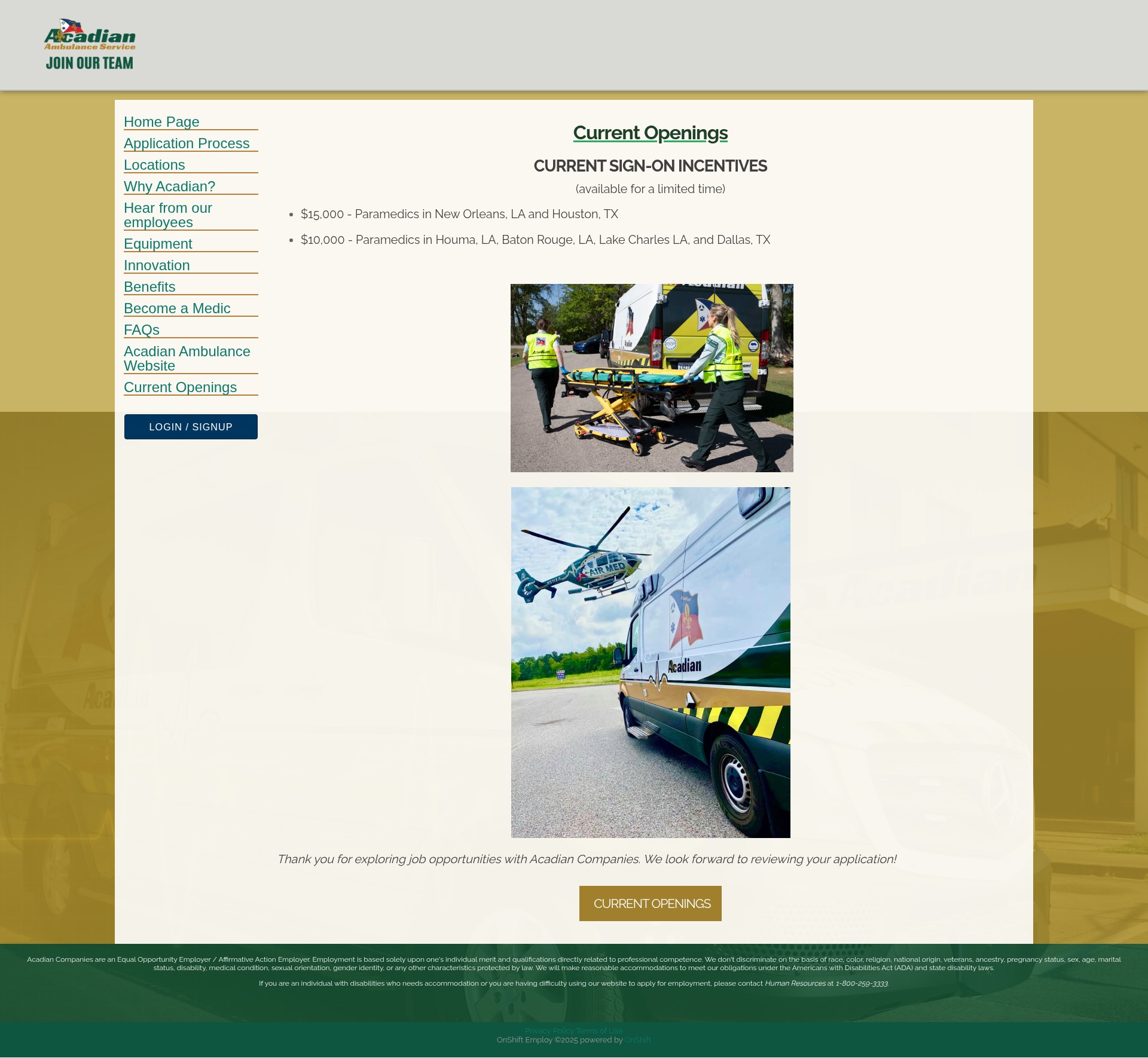 Screenshot of acadianambulance.employ.onshift.com