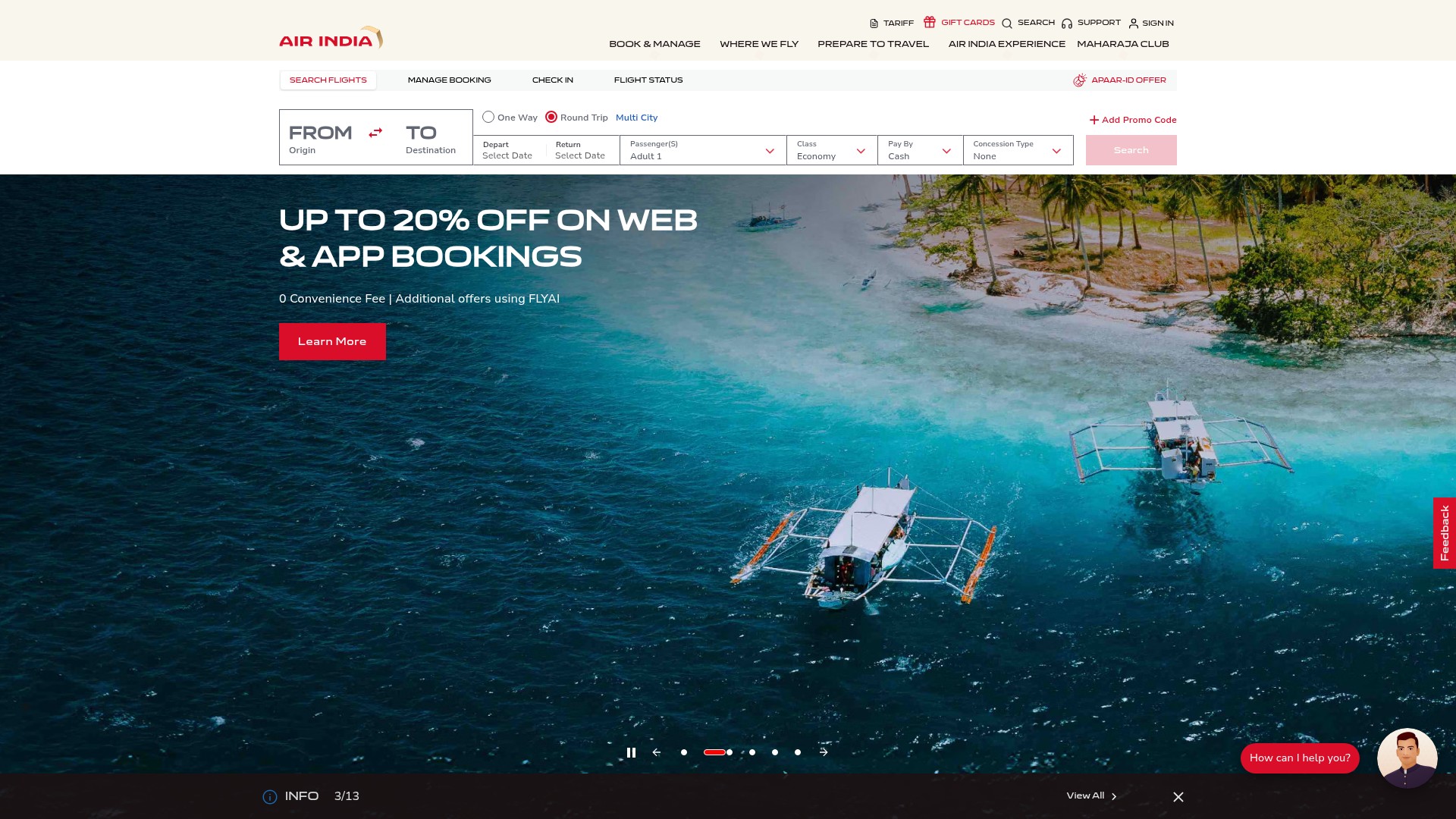 Screenshot of airindia.com