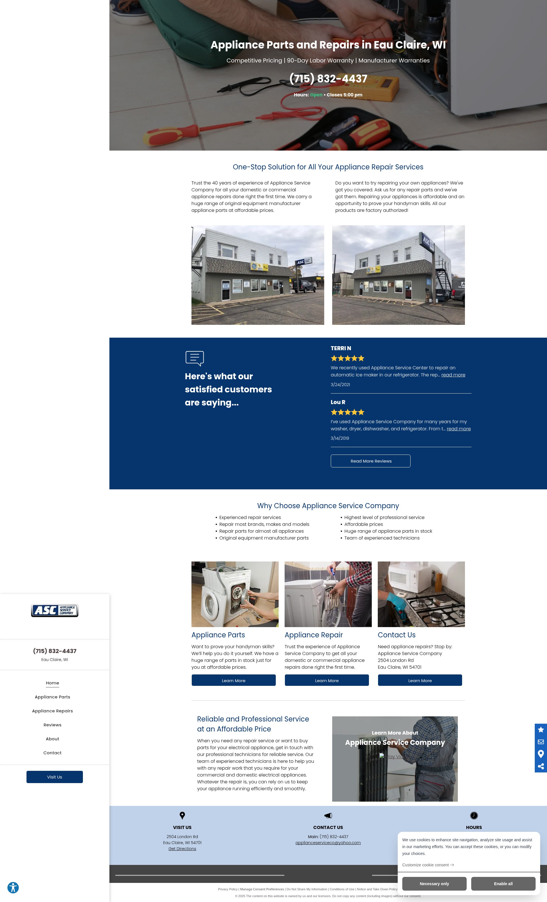 Screenshot of appliancerepaireauclaire.com