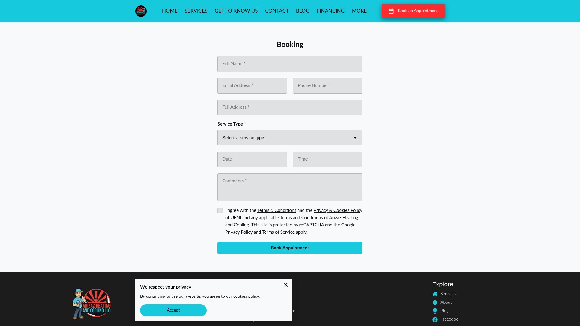 Screenshot of arizazheatingandcooling.com