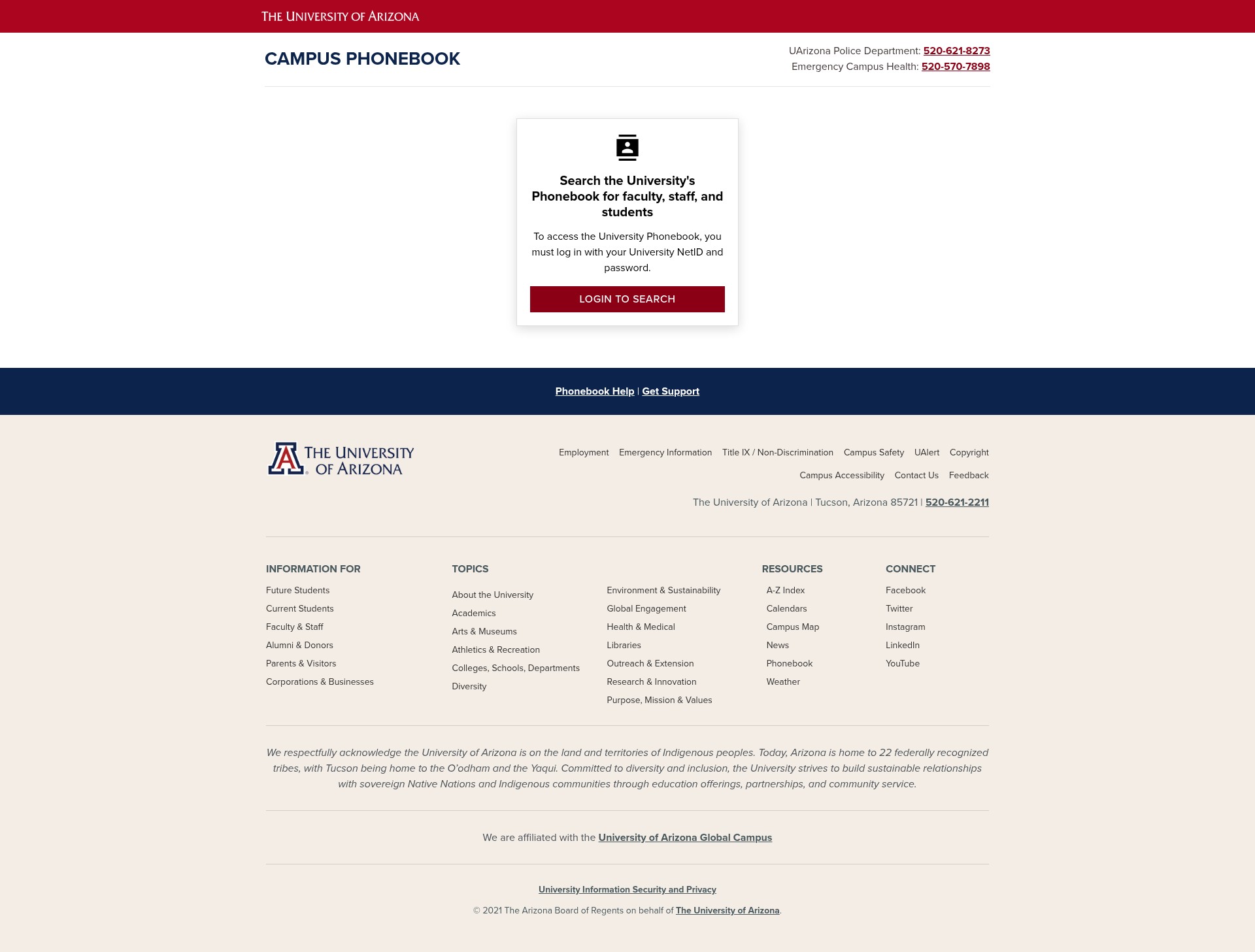 Screenshot of arizona.edu