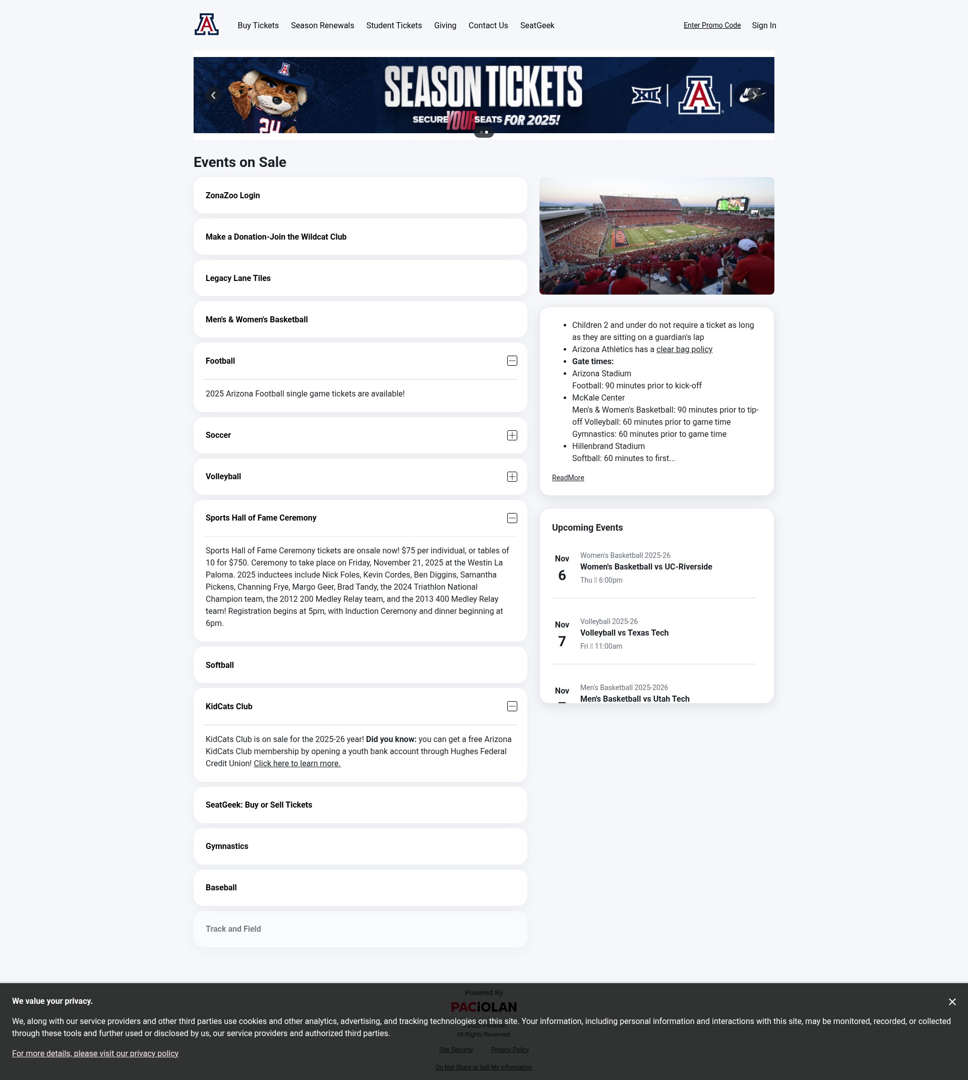 Screenshot of arizonawildcats.evenue.net