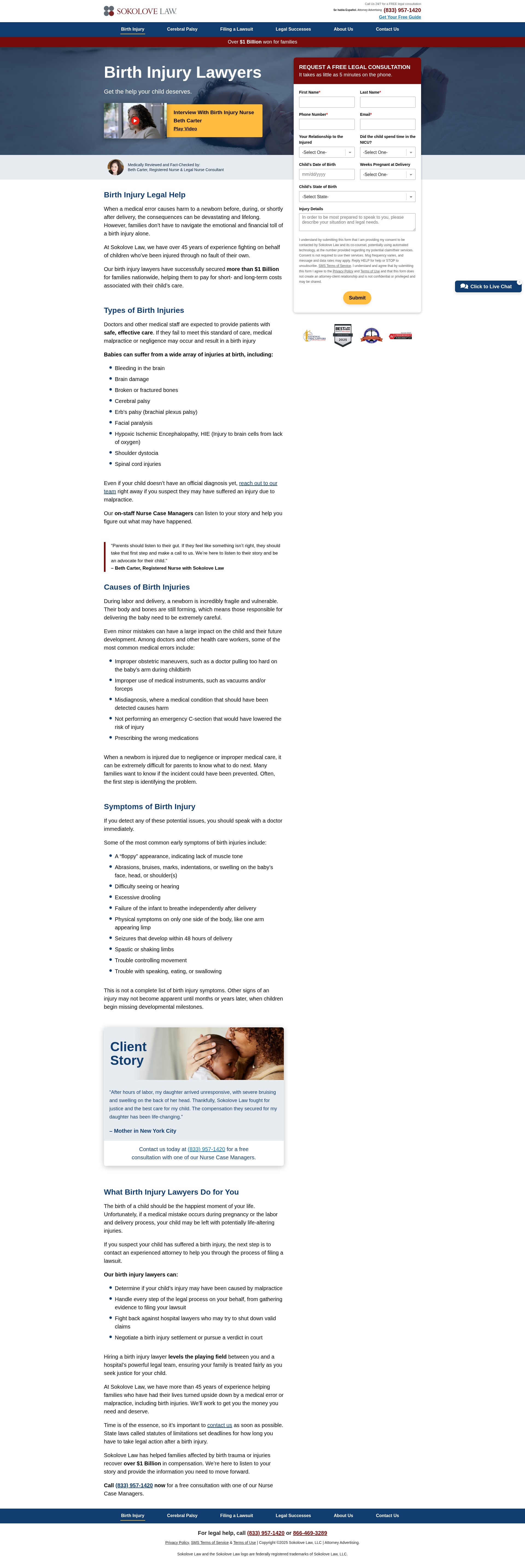 Screenshot of birthlawyer.sokolovelaw.com