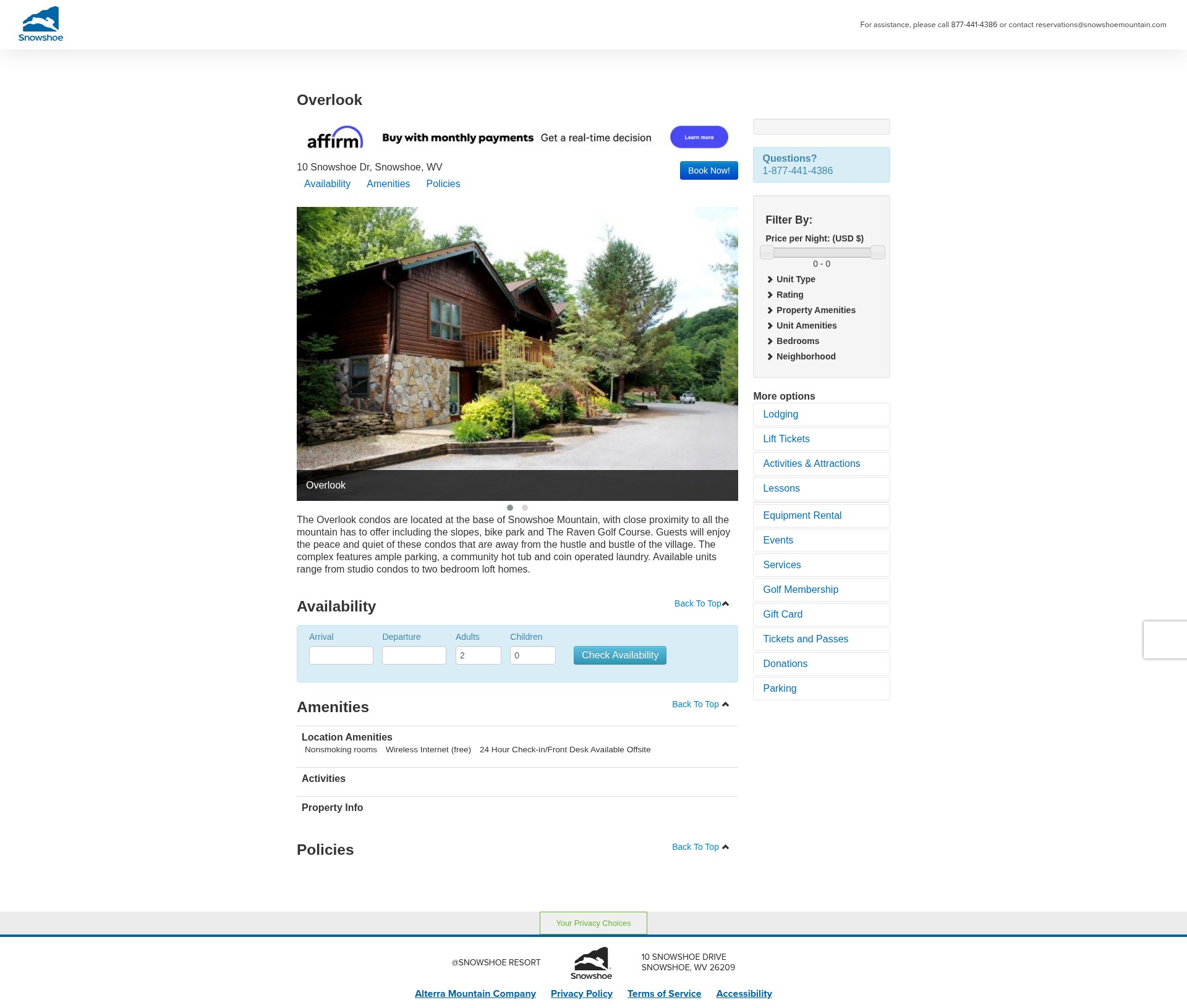 Screenshot of book.snowshoemtn.com