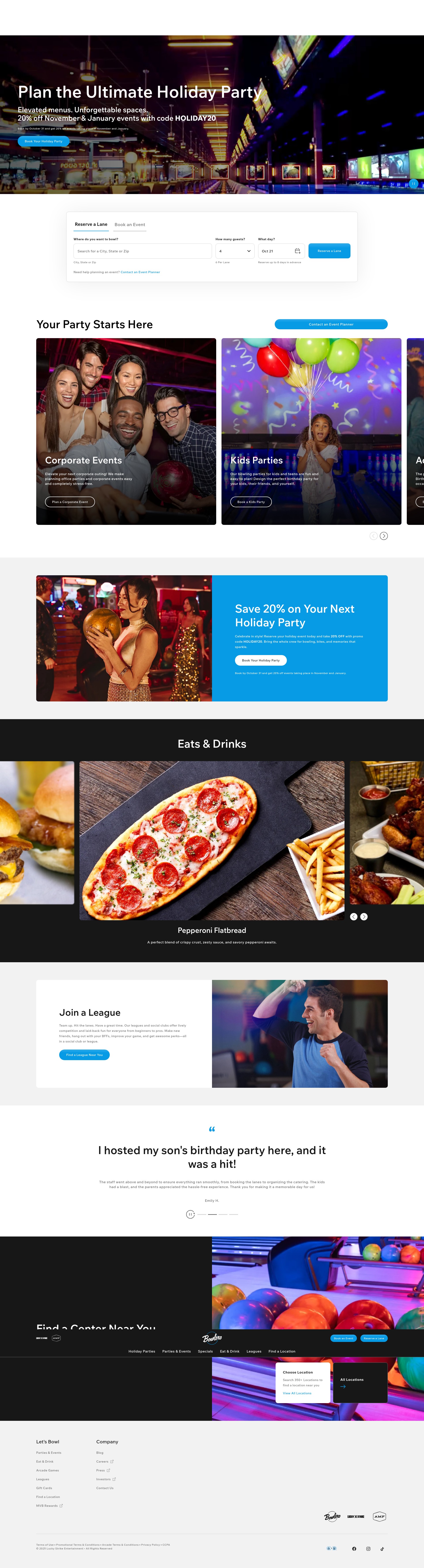 Screenshot of bowlero.com