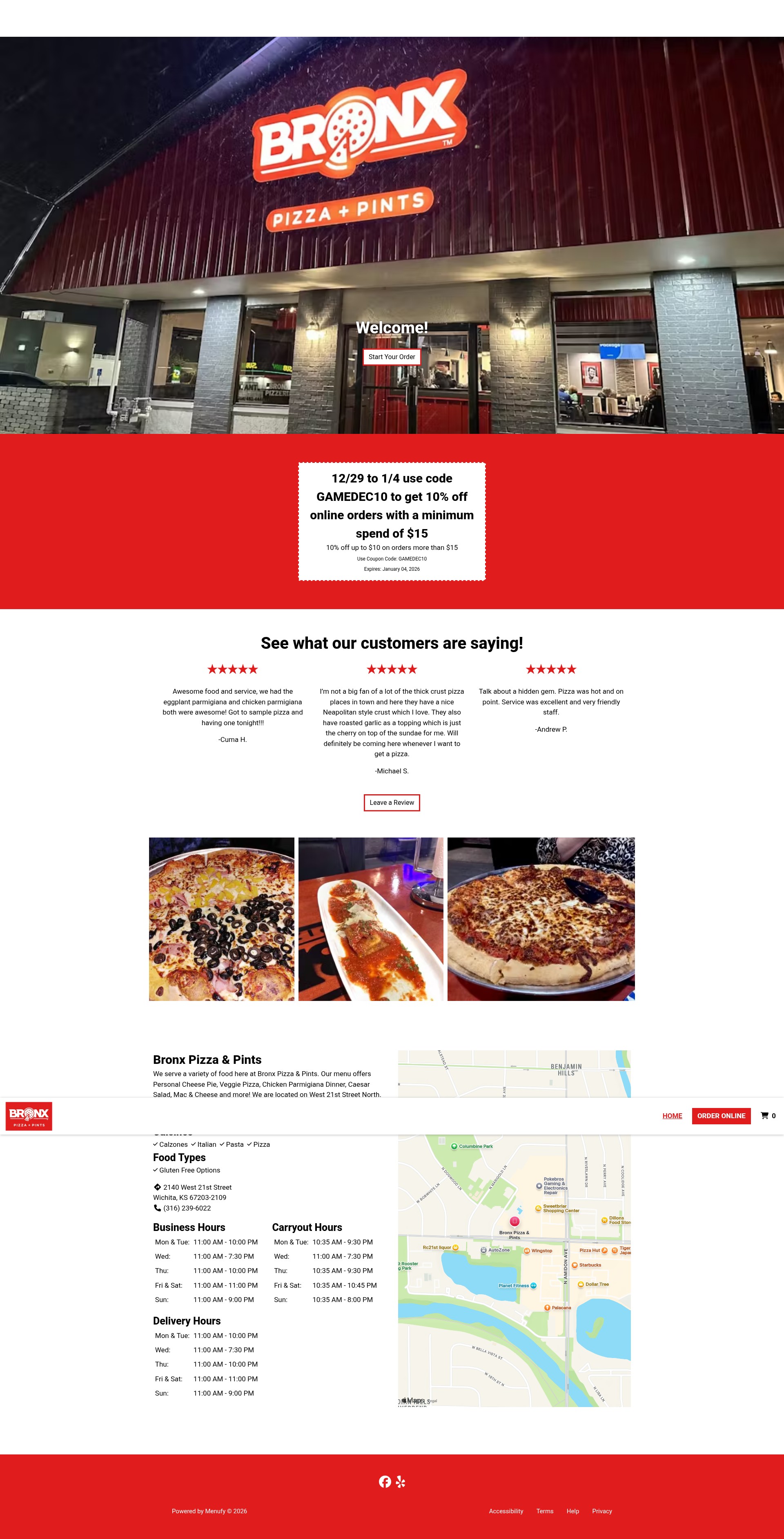 Screenshot of bronxpizzaandpintswichita.com