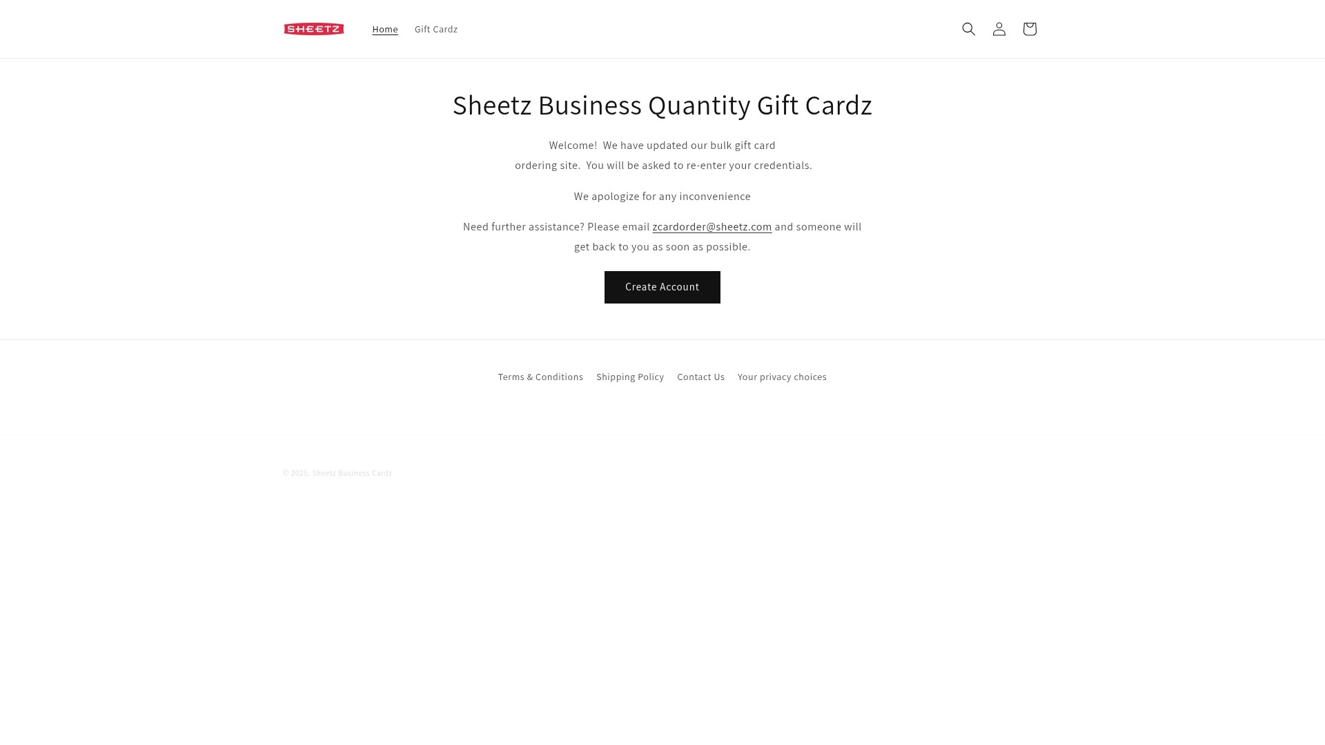 Screenshot of bulkgiftcardz.sheetz.com