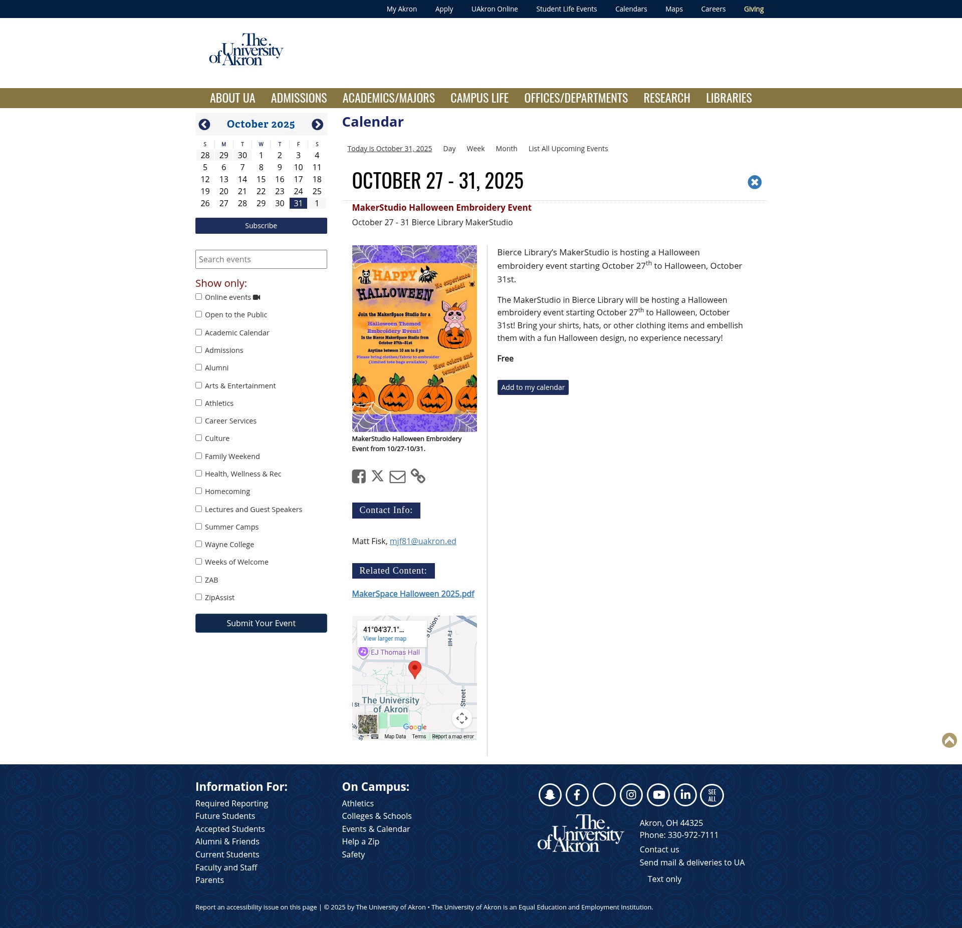 Screenshot of calendar.uakron.edu