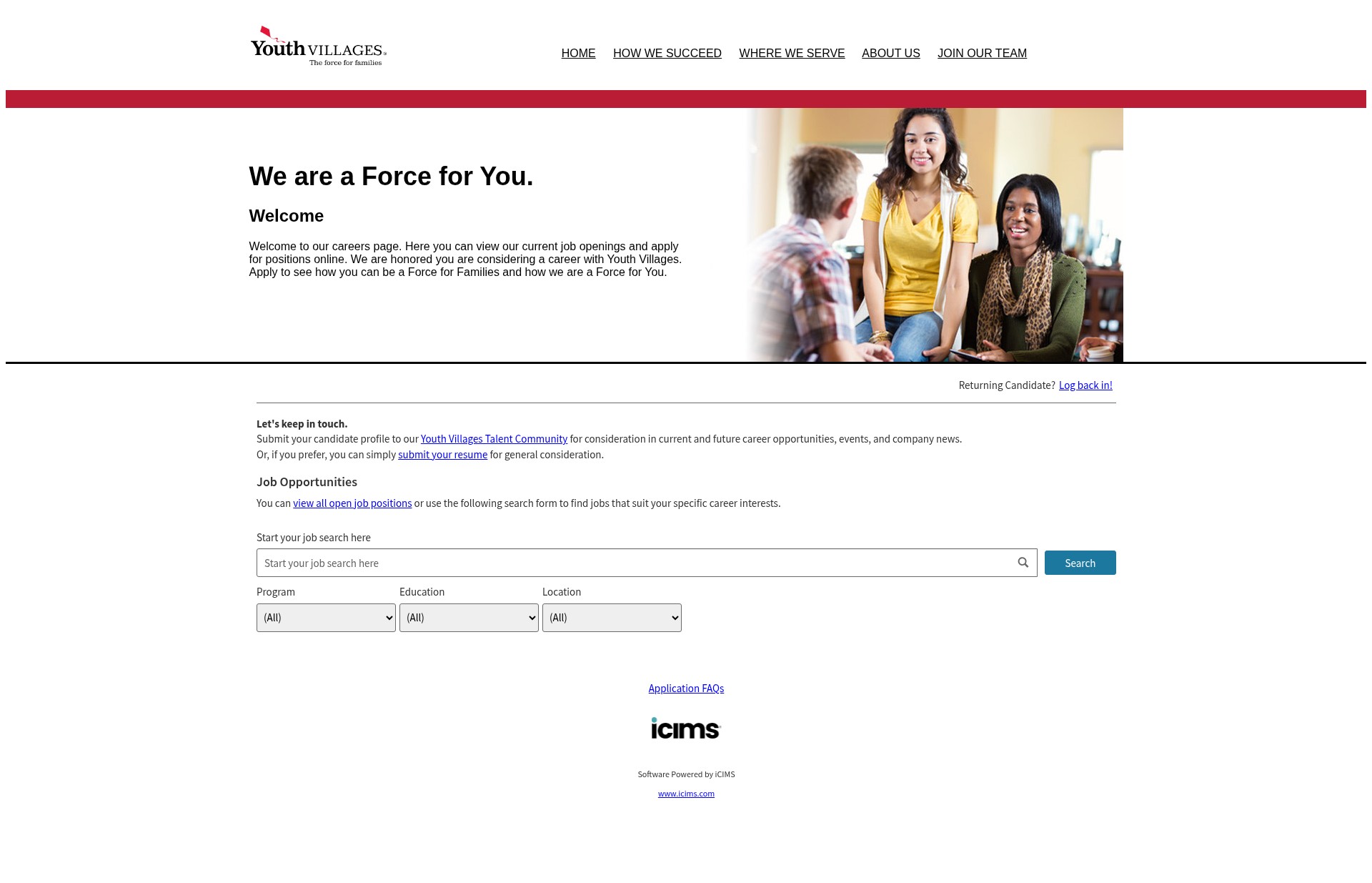 Screenshot of careers-youthvillages.icims.com