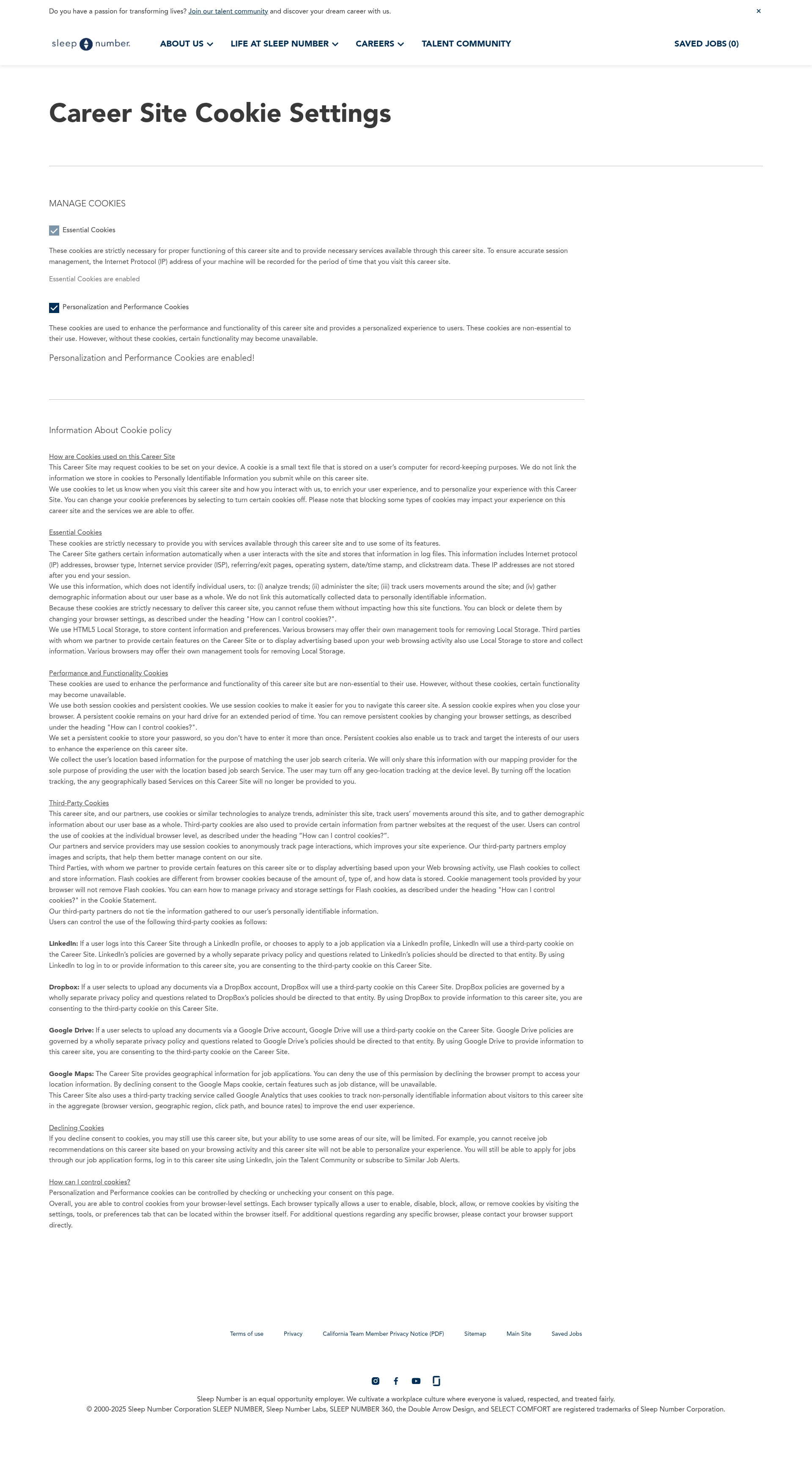 Screenshot of careers.sleepnumber.com