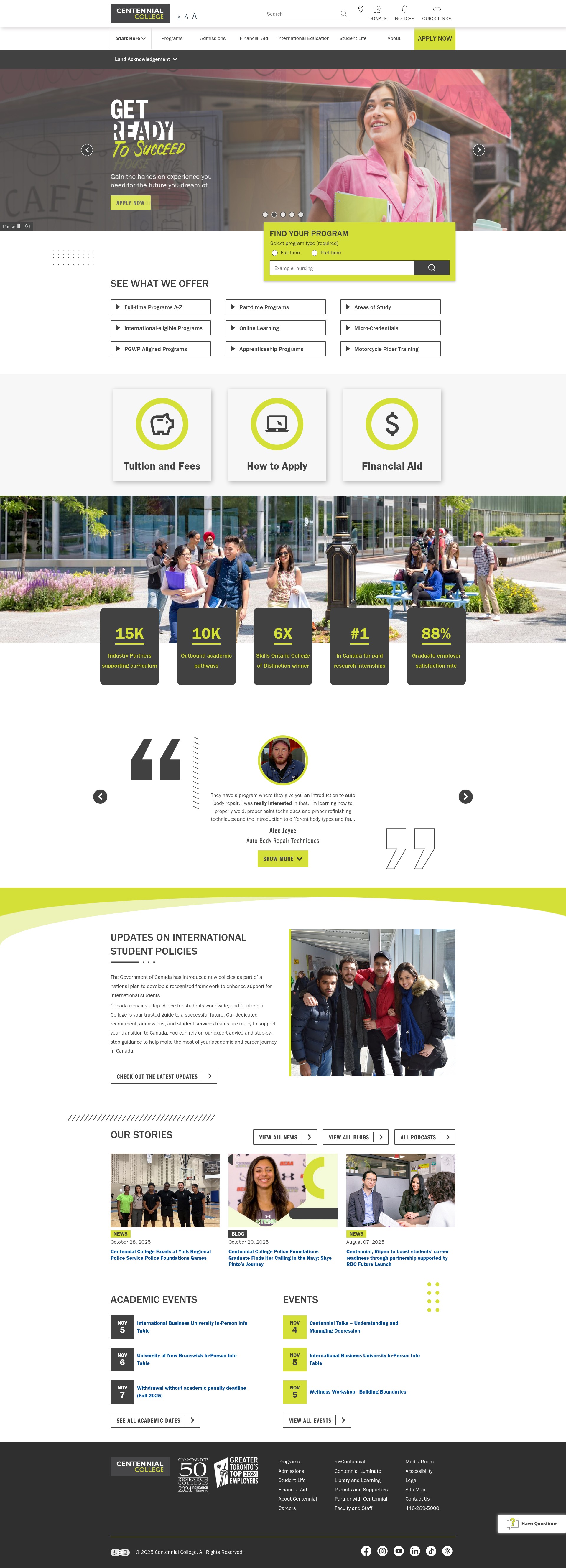 Screenshot of centennialcollege.ca