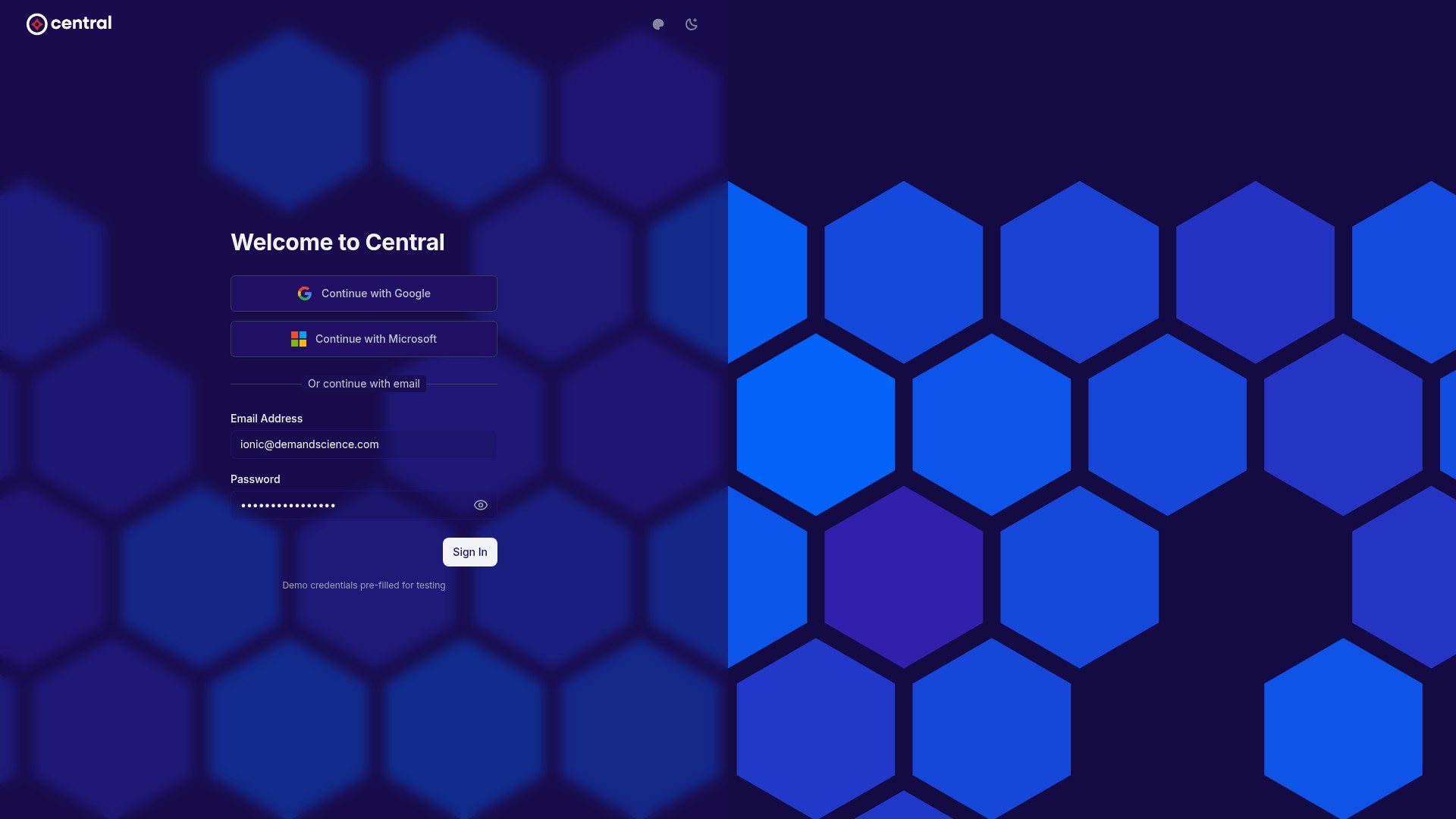 Screenshot of central.demo.demandscience.io