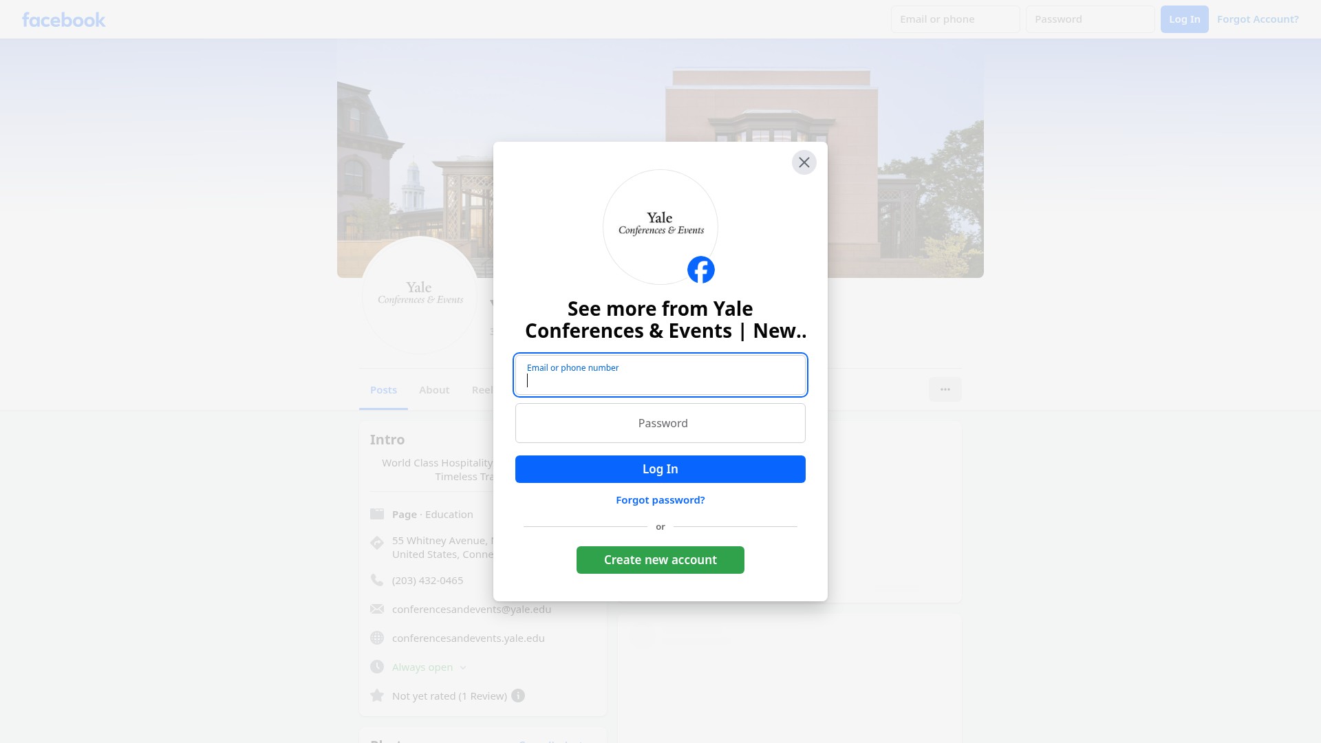 Screenshot of conferencesandevents.yale.edu