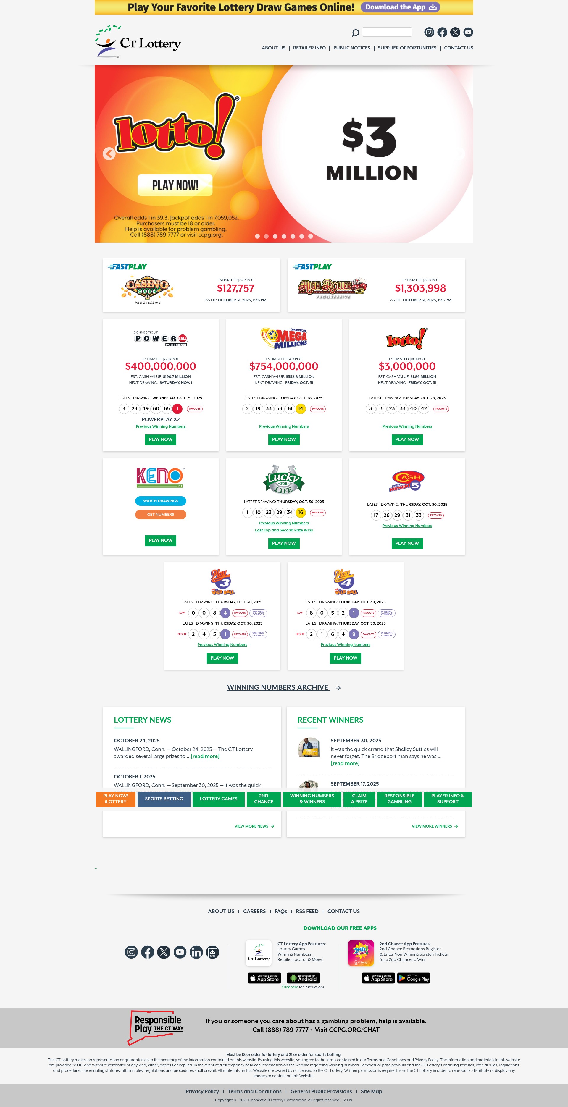 Screenshot of ctlottery.org