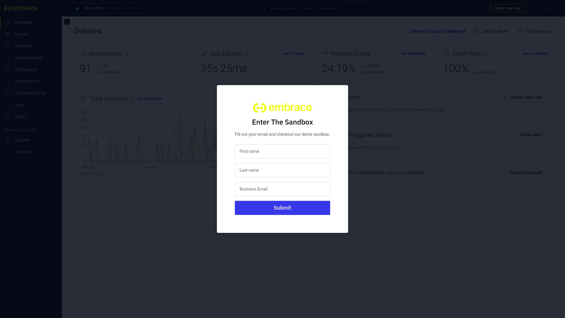 Screenshot of demo.embrace.io