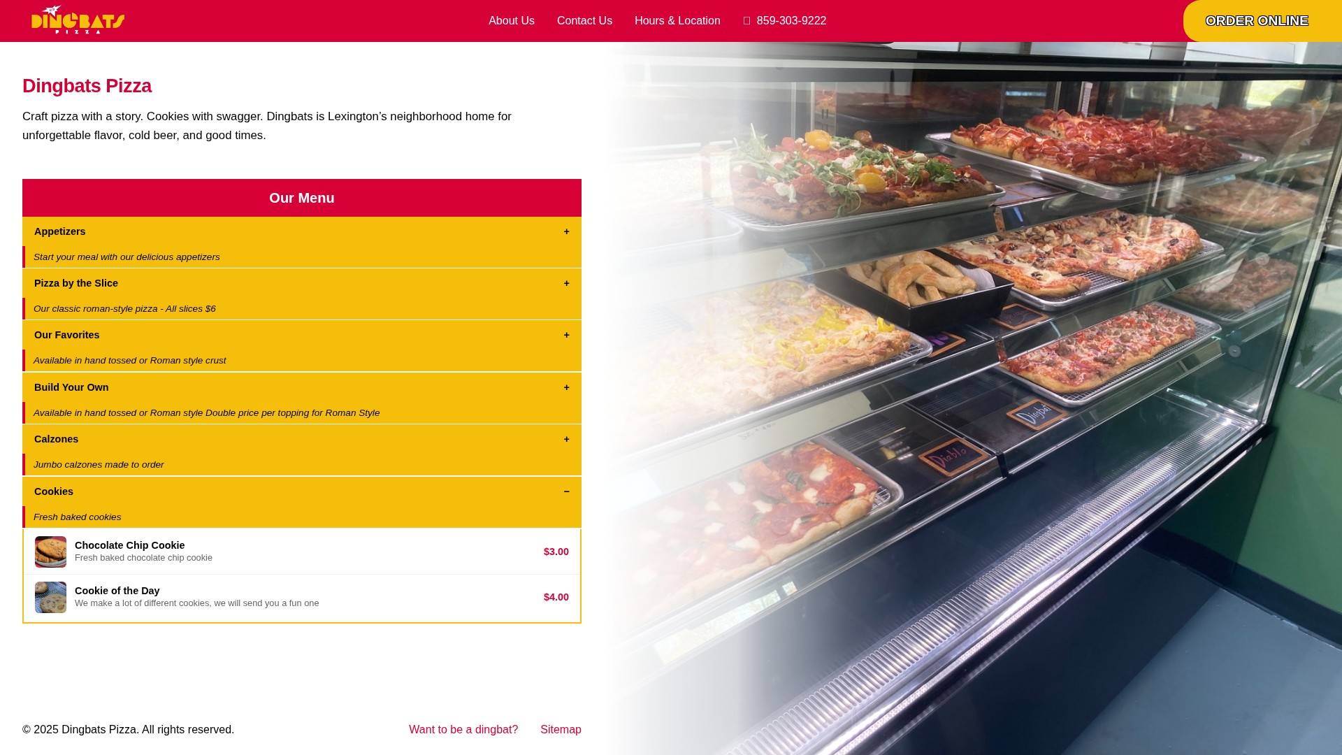 Screenshot of dingbatspizza.com