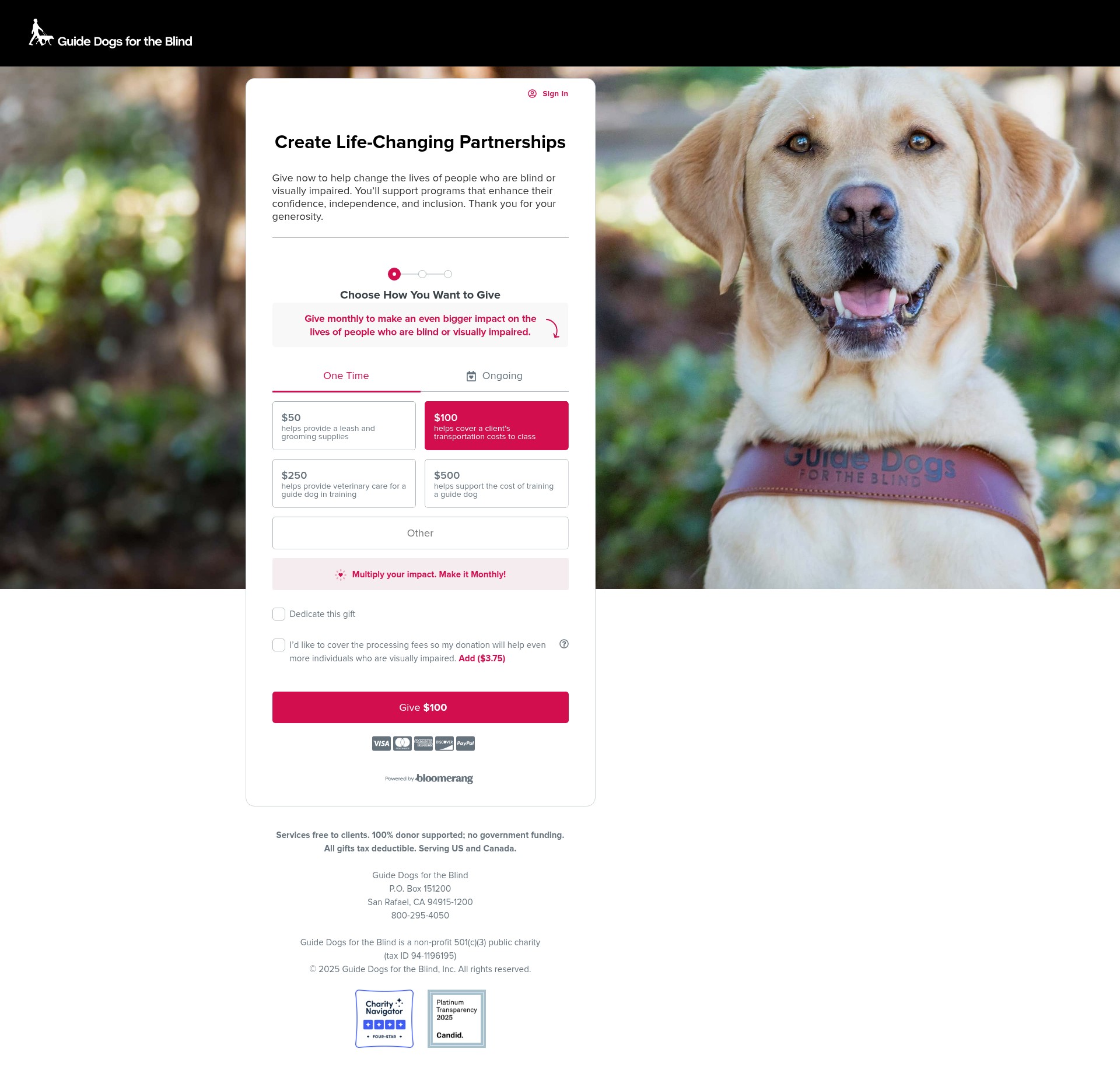 Screenshot of donate.guidedogs.com