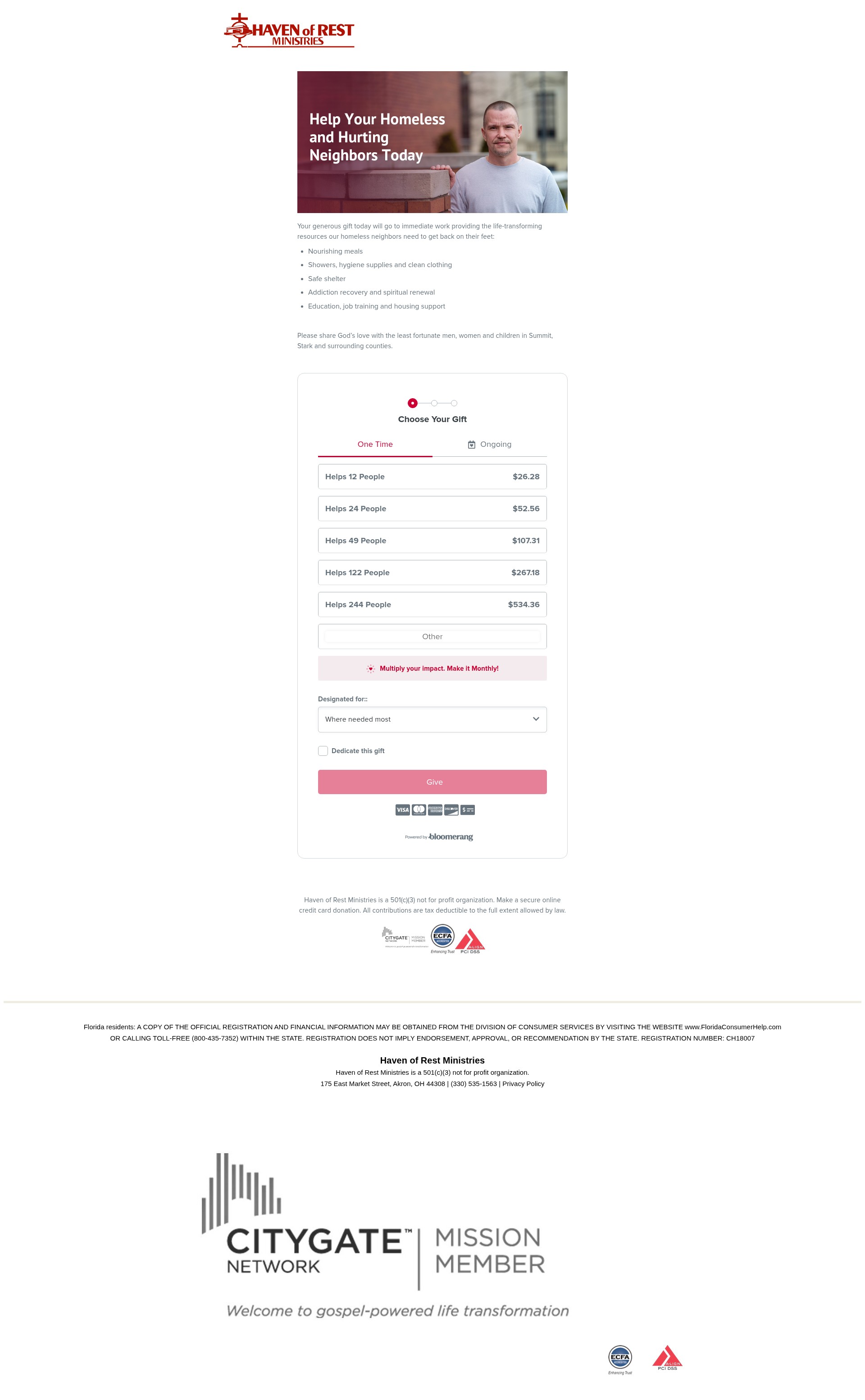 Screenshot of donate.havenofrest.org
