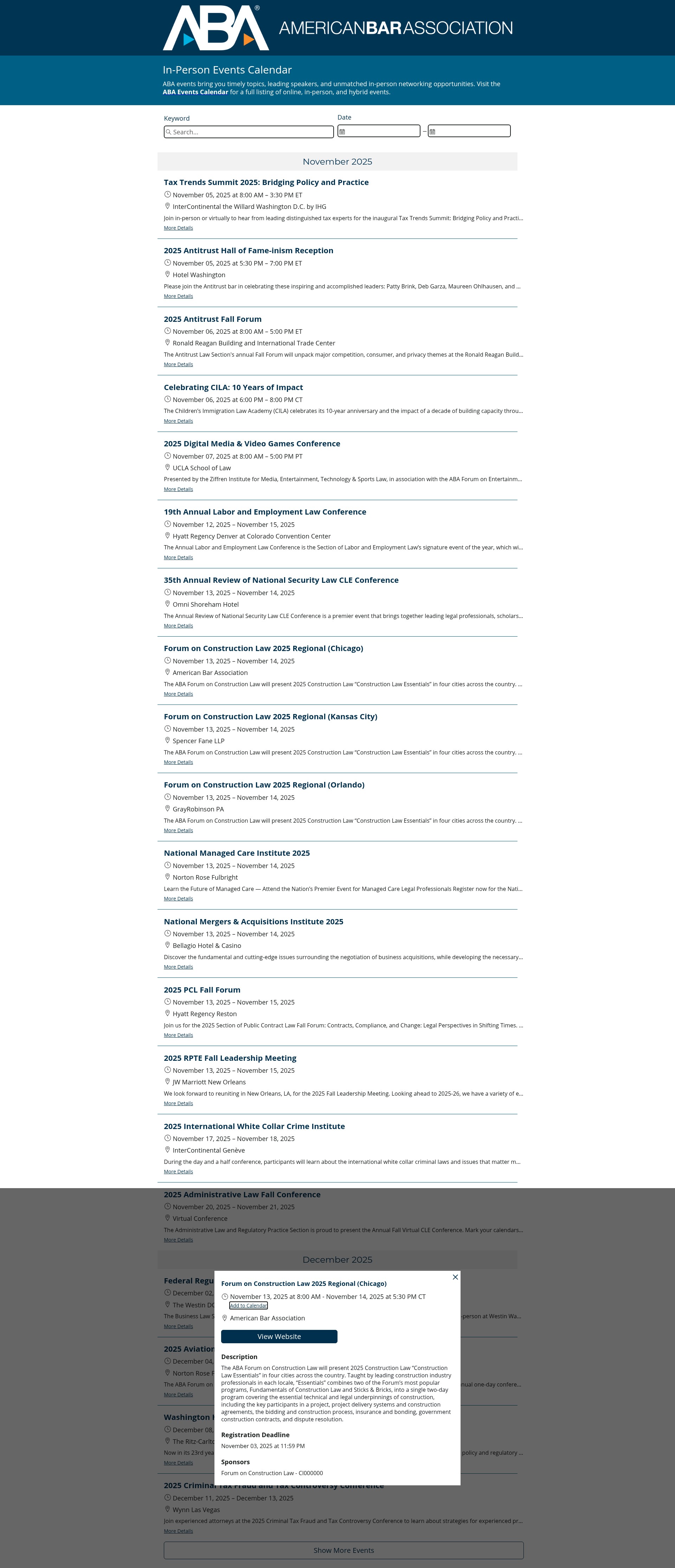 Screenshot of events.americanbar.org