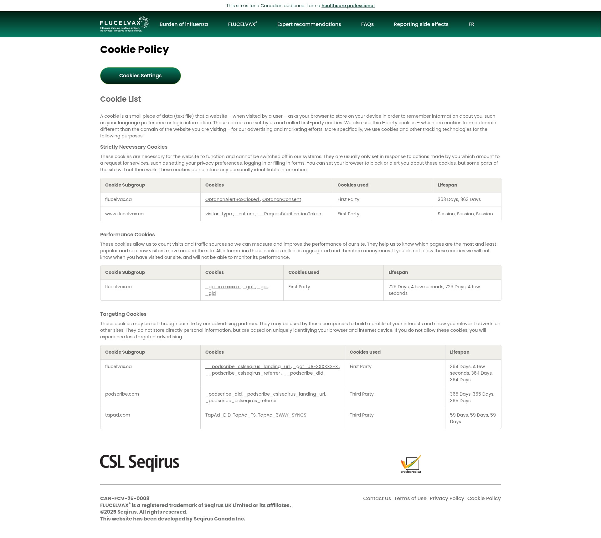 Screenshot of flucelvax.ca