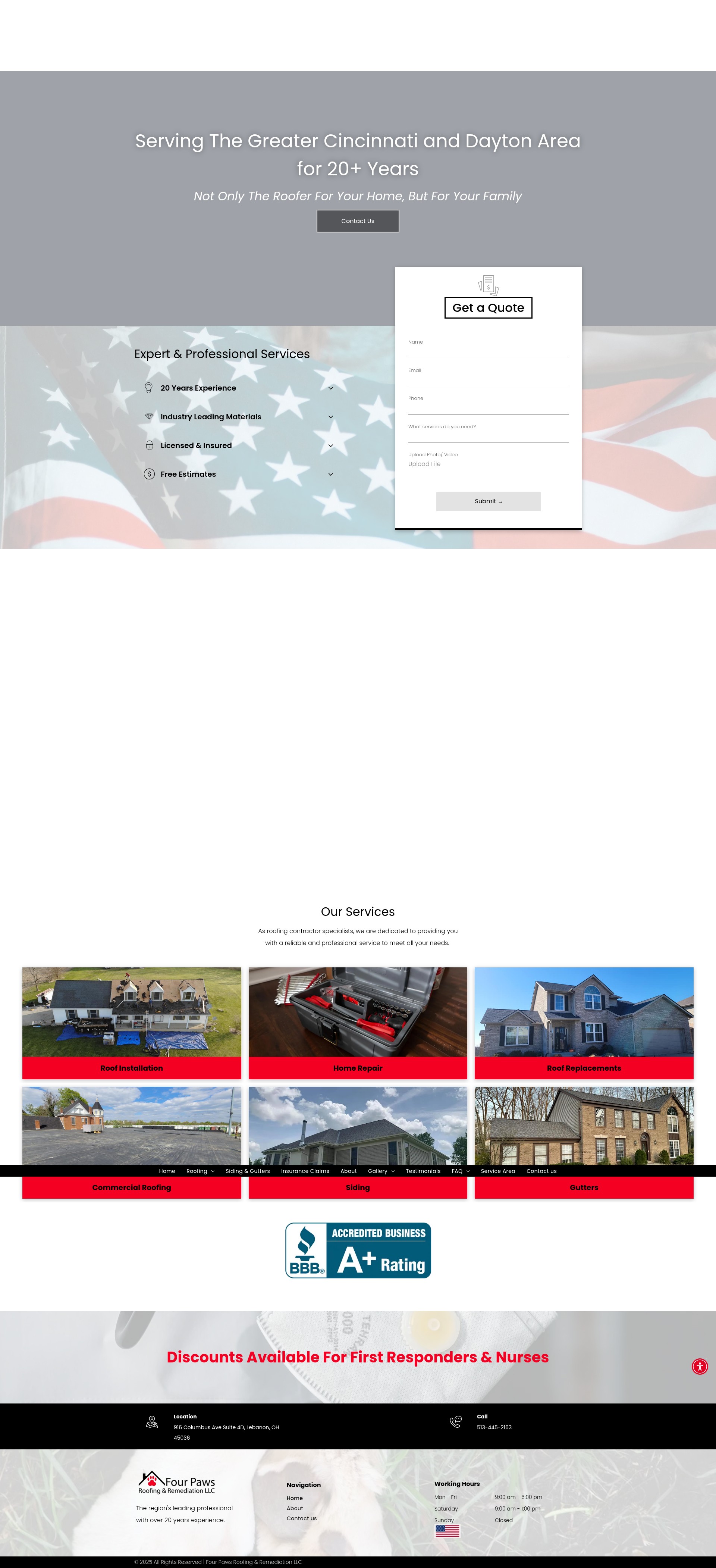 Screenshot of fourpawsroofing.com
