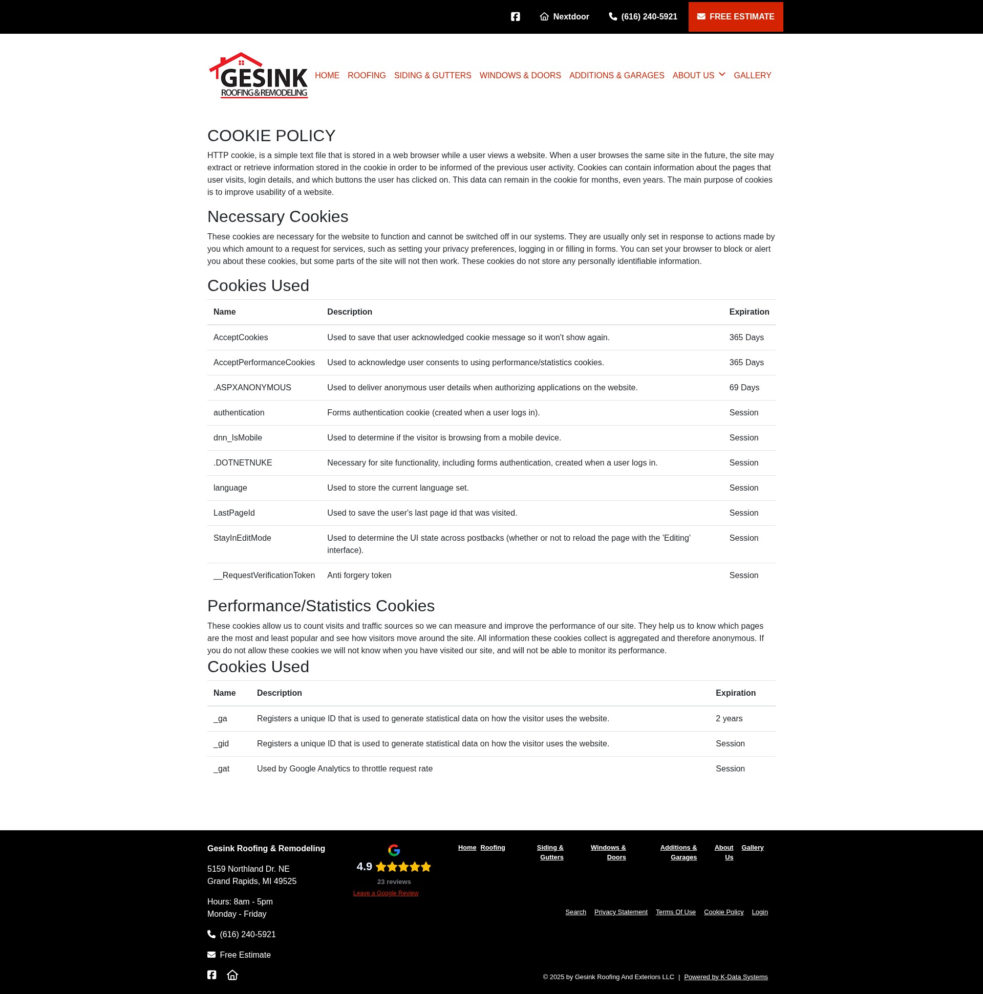 Screenshot of gesinkroofing.com