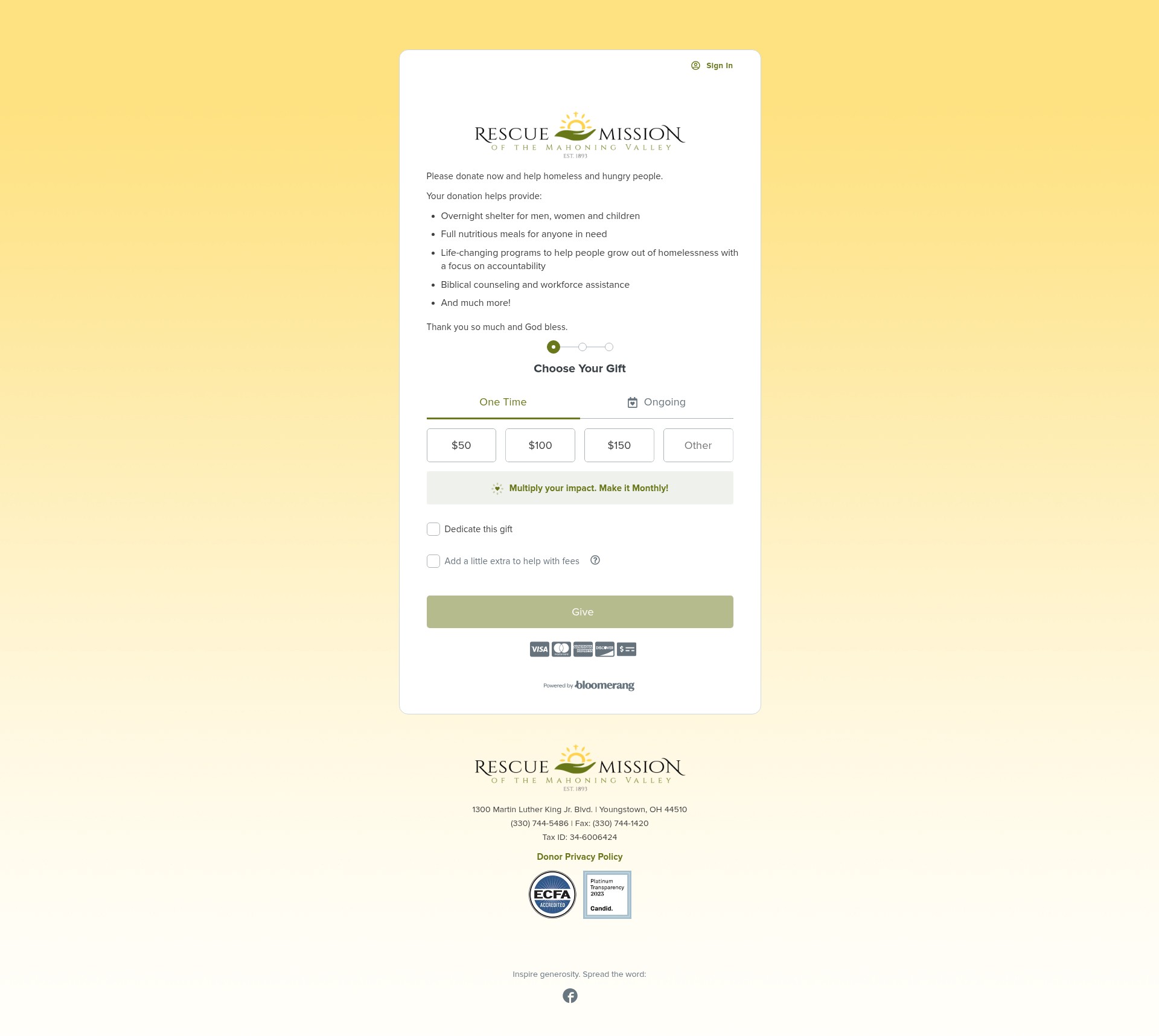 Screenshot of give.rescuemissionmv.org