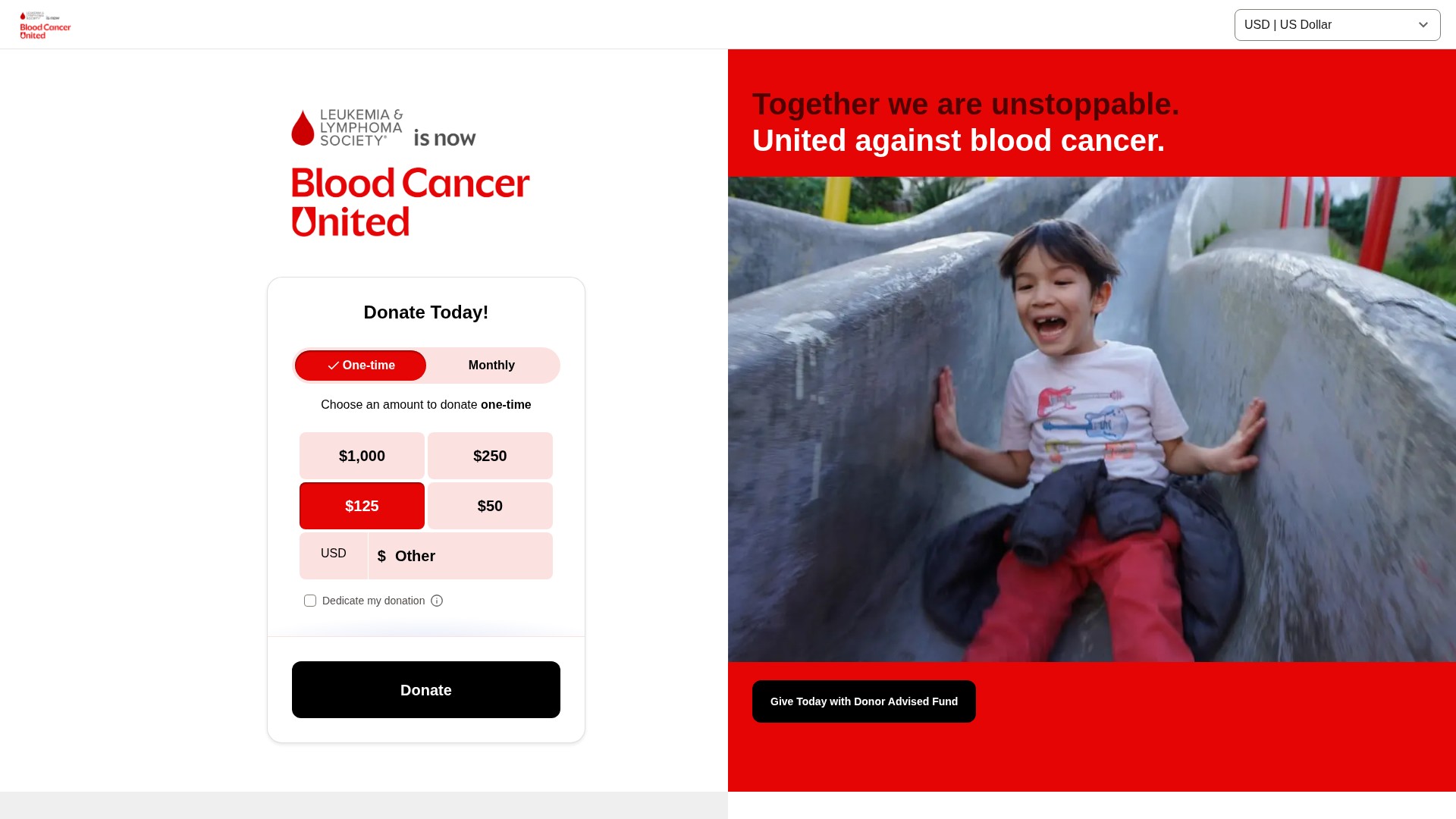 Screenshot of givenow.bloodcancerunited.org
