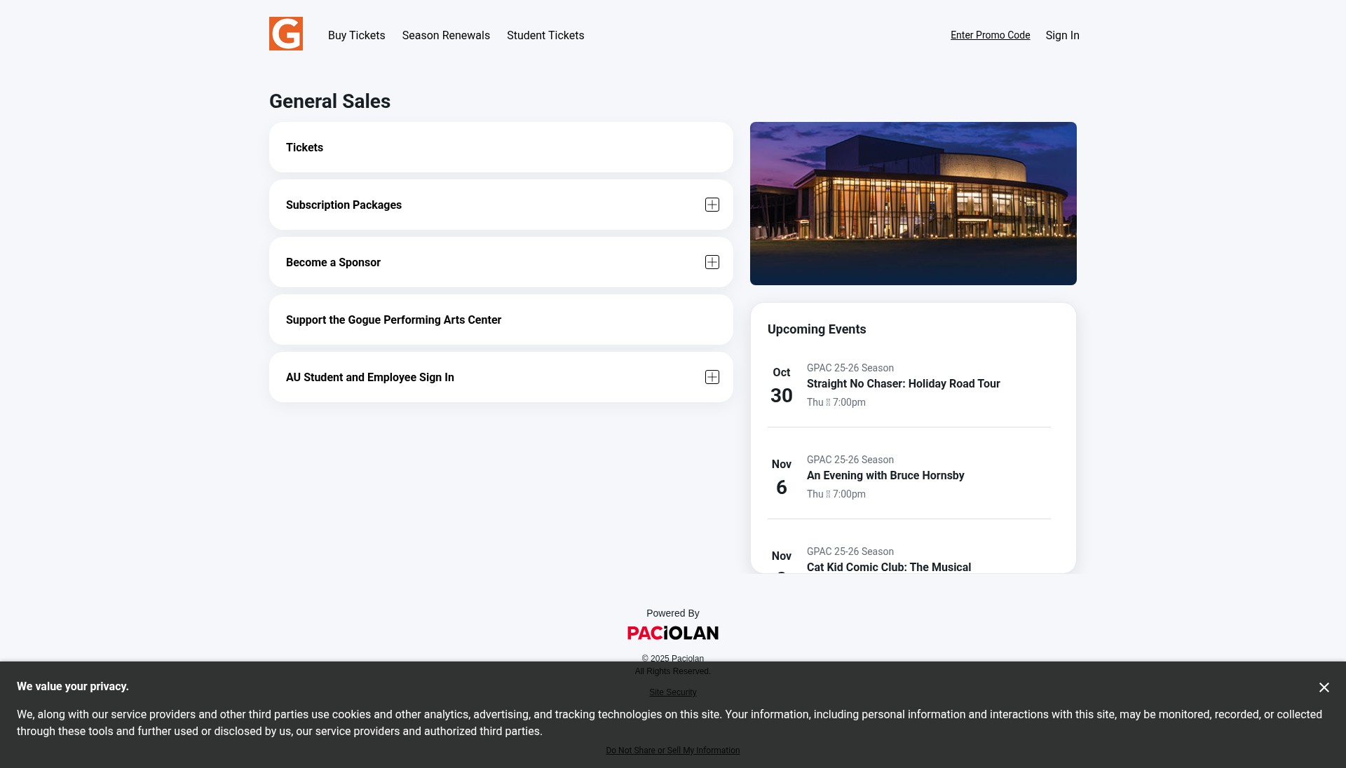 Screenshot of goguecenter.evenue.net