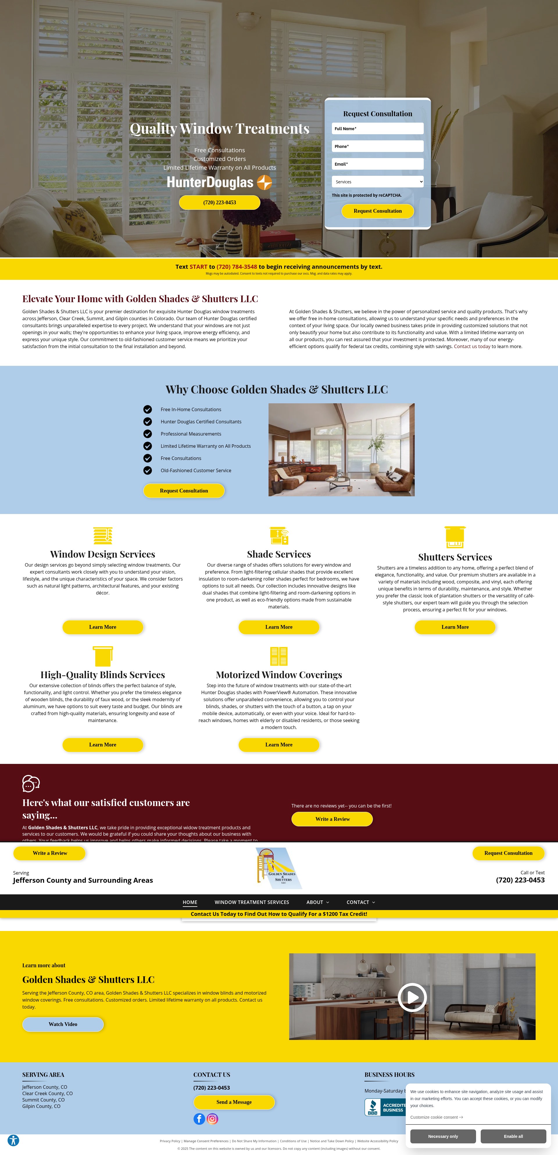 Screenshot of goldenshadesshutters.com