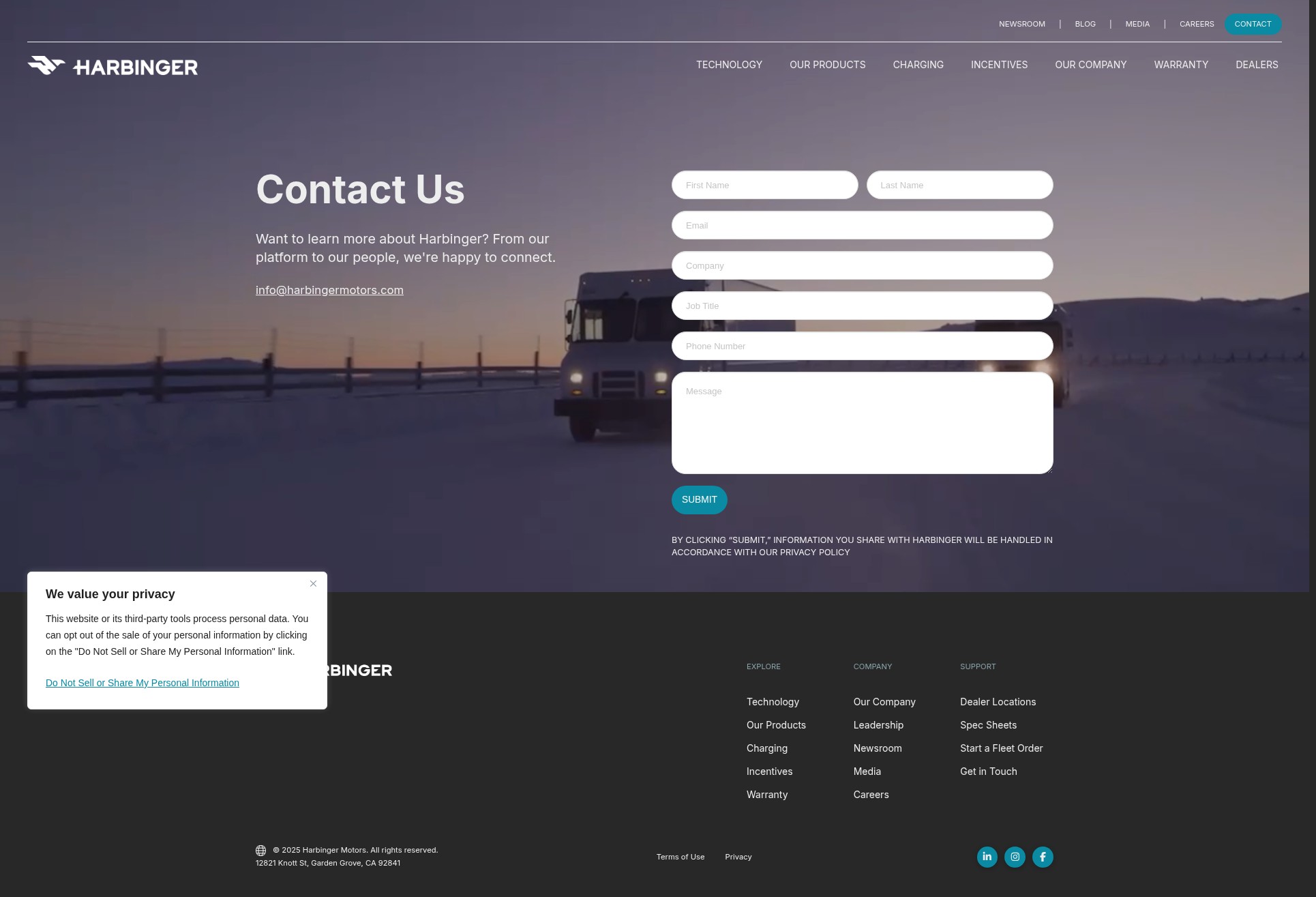 Screenshot of harbingermotors.com