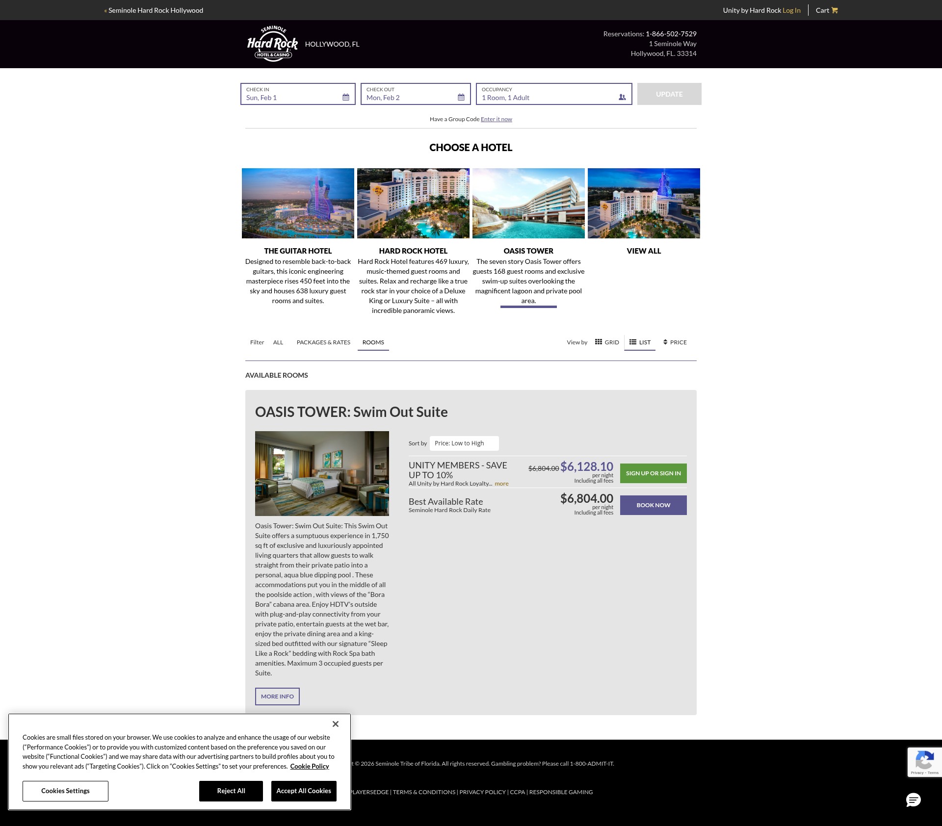 Screenshot of hollywood.reservations.hardrock.com