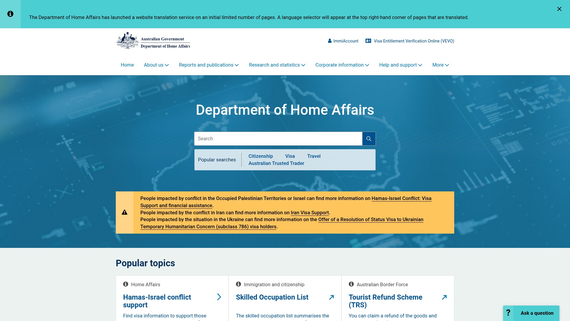Screenshot of homeaffairs.gov.au