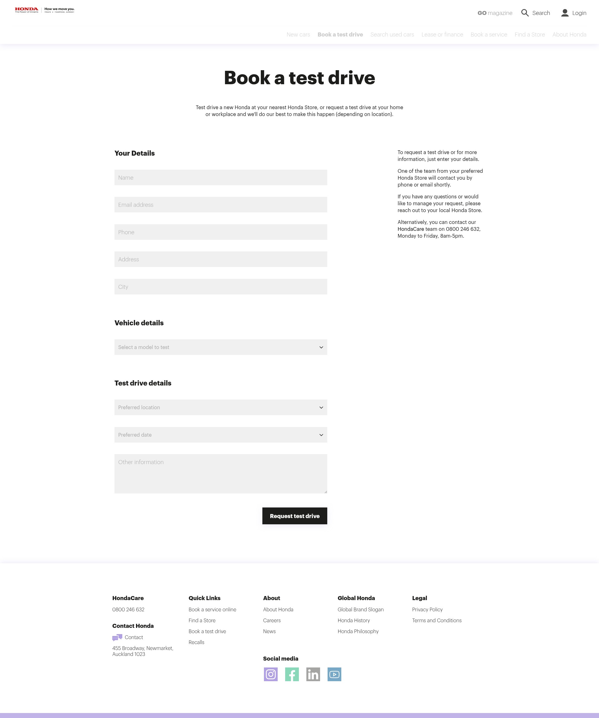 Screenshot of honda.co.nz