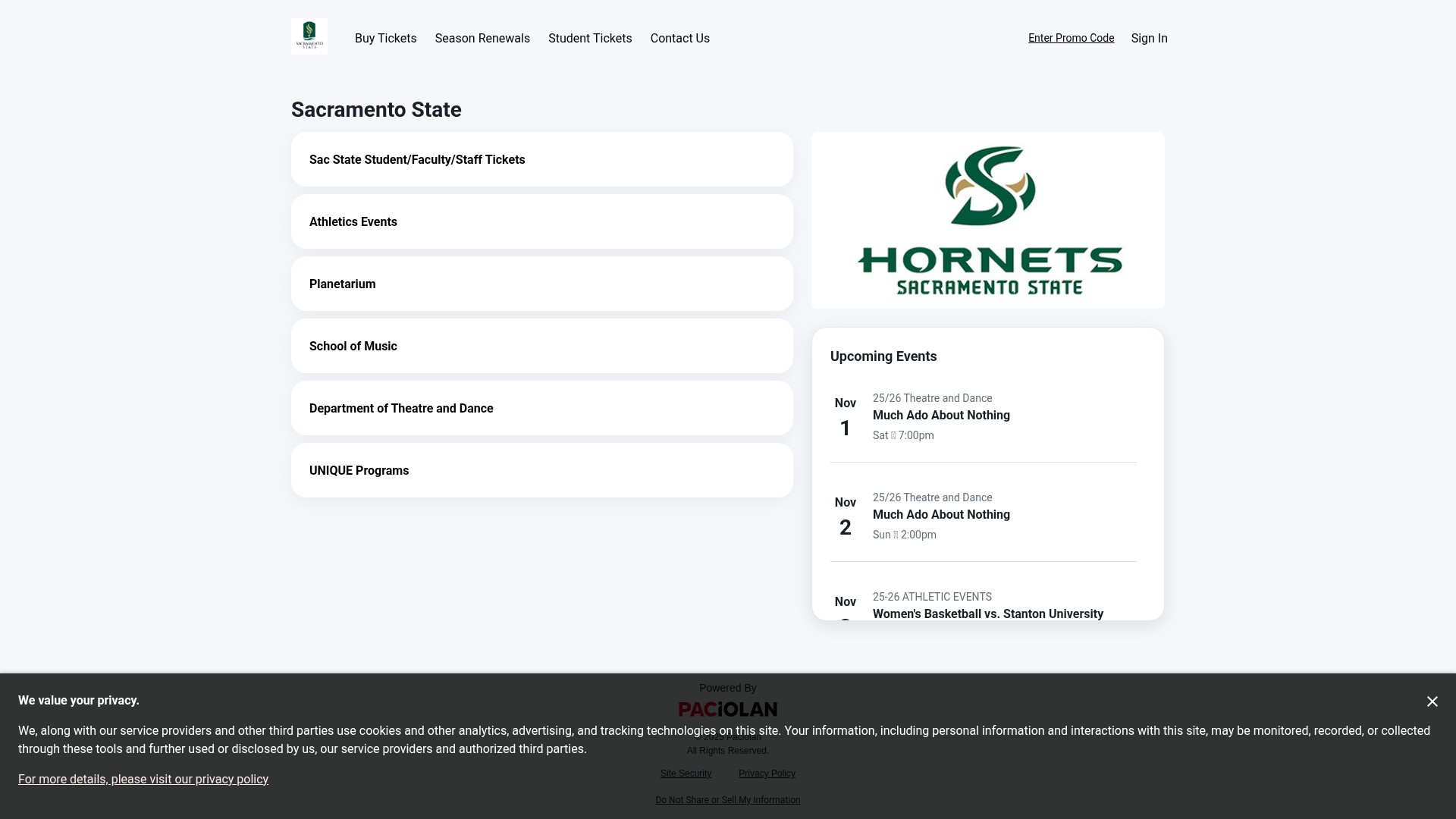 Screenshot of hornettickets.evenue.net