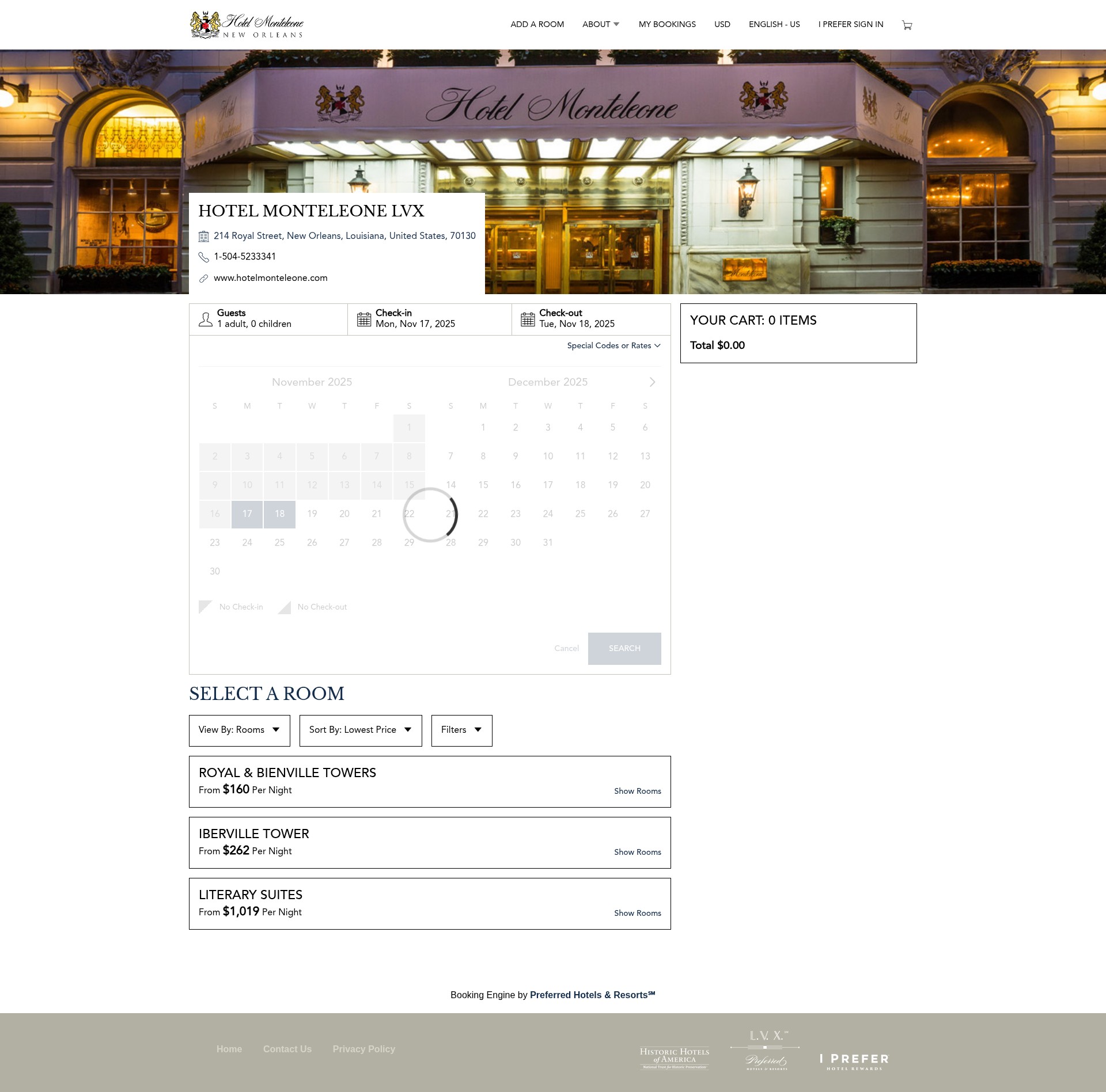 Screenshot of hotelmonteleone.com