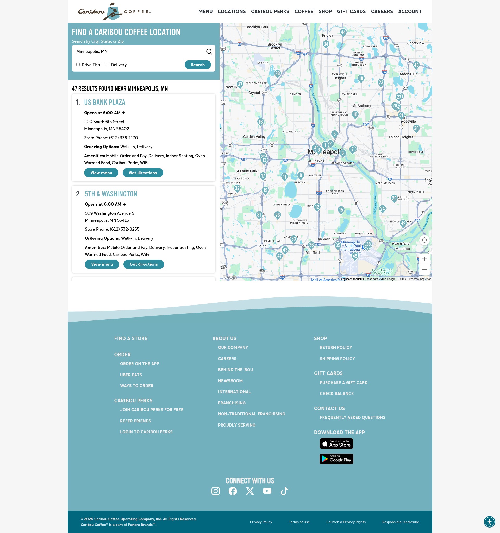 Screenshot of locations.cariboucoffee.com
