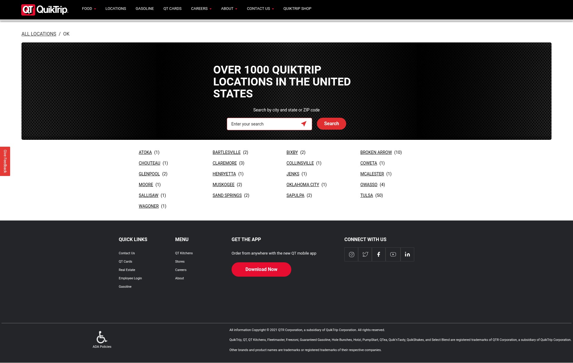 Screenshot of locations.quiktrip.com