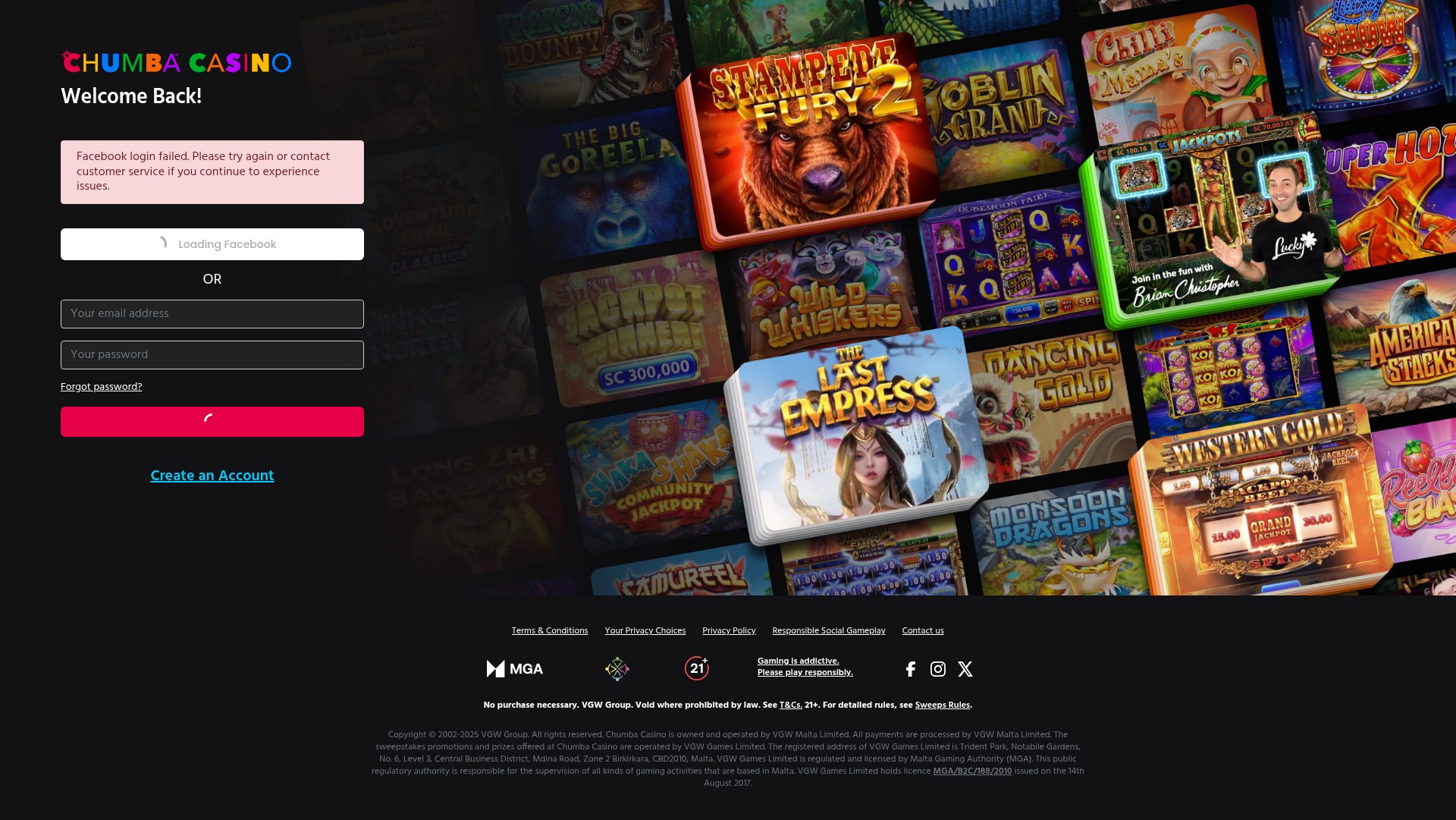 Screenshot of login.chumbacasino.com