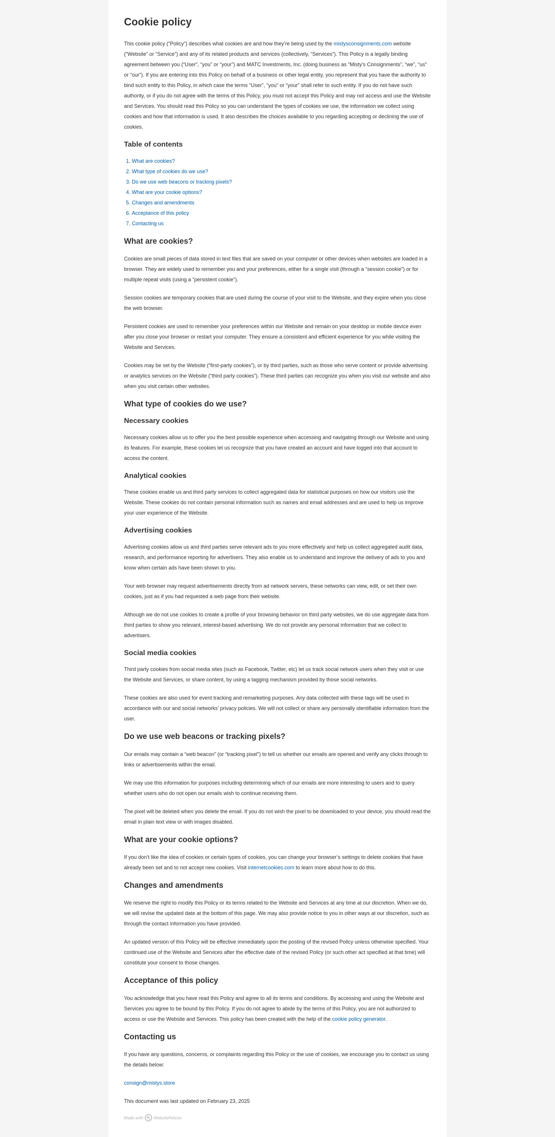 Screenshot of mistysconsignments.com