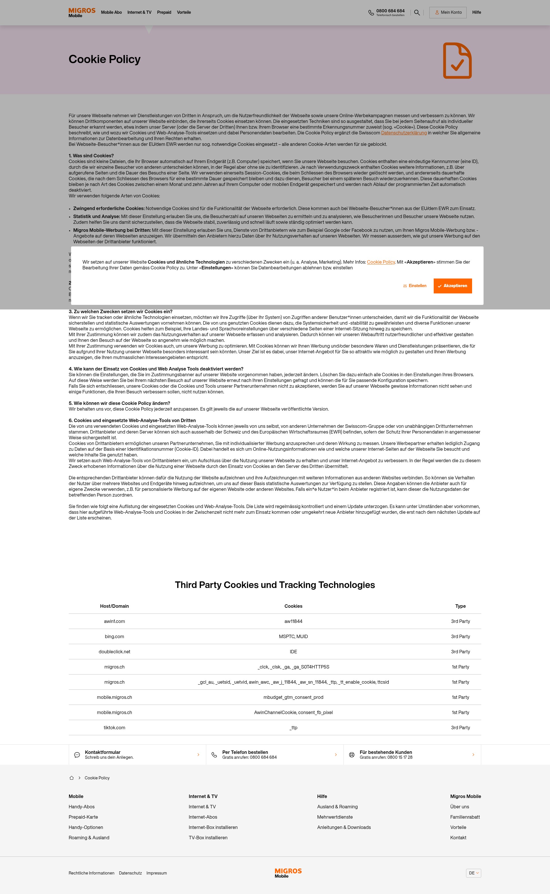 Screenshot of mobile.migros.ch