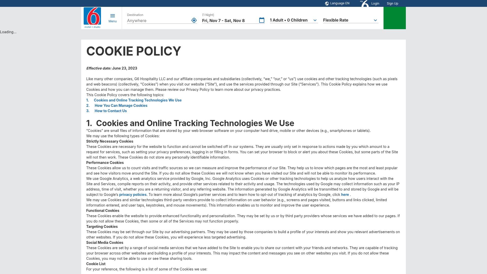 Screenshot of motel6.com