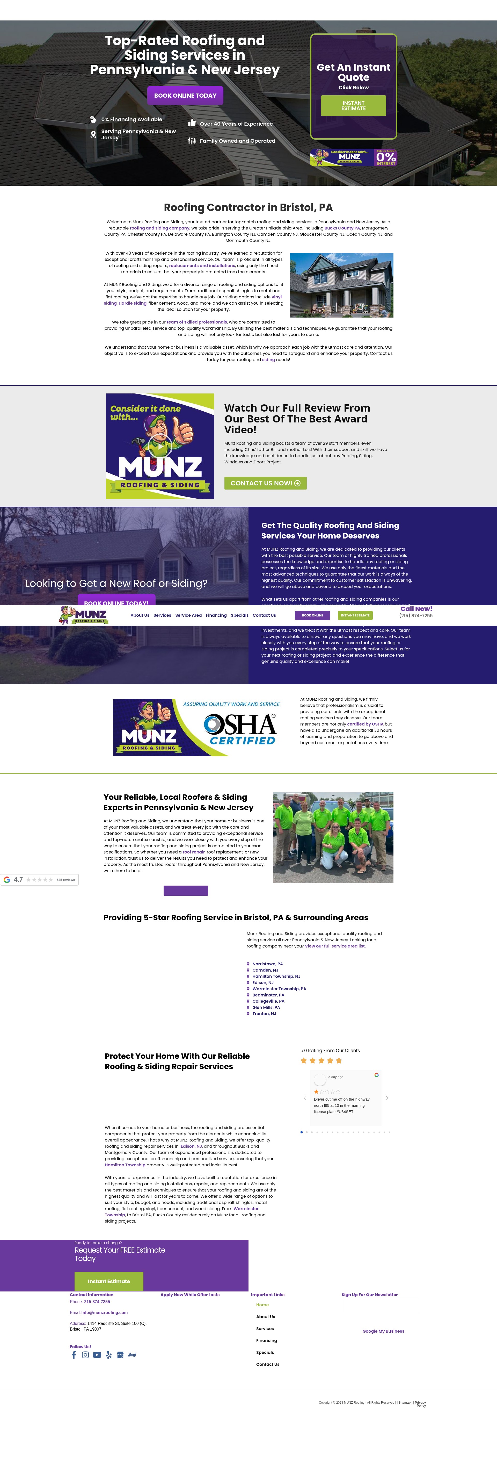 Screenshot of munzroofing.com