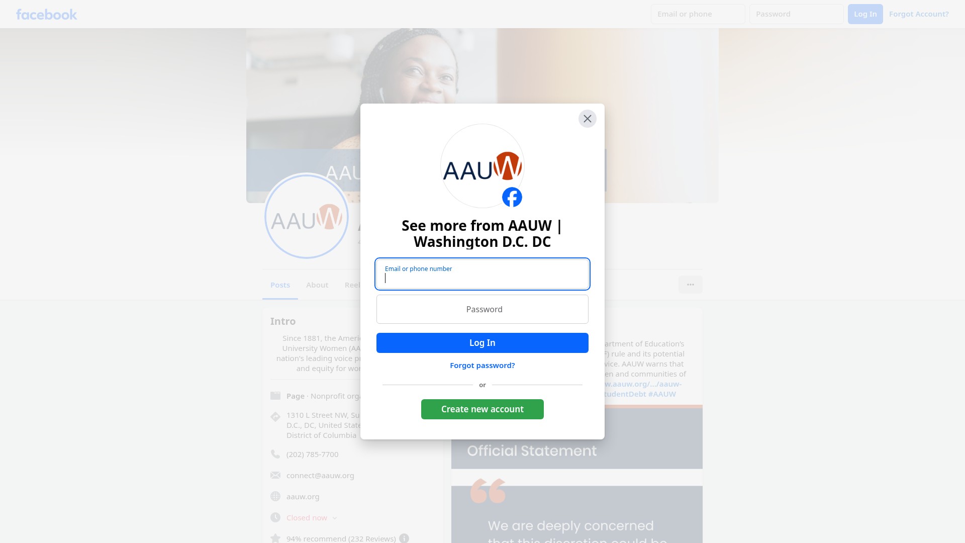 Screenshot of my.aauw.org