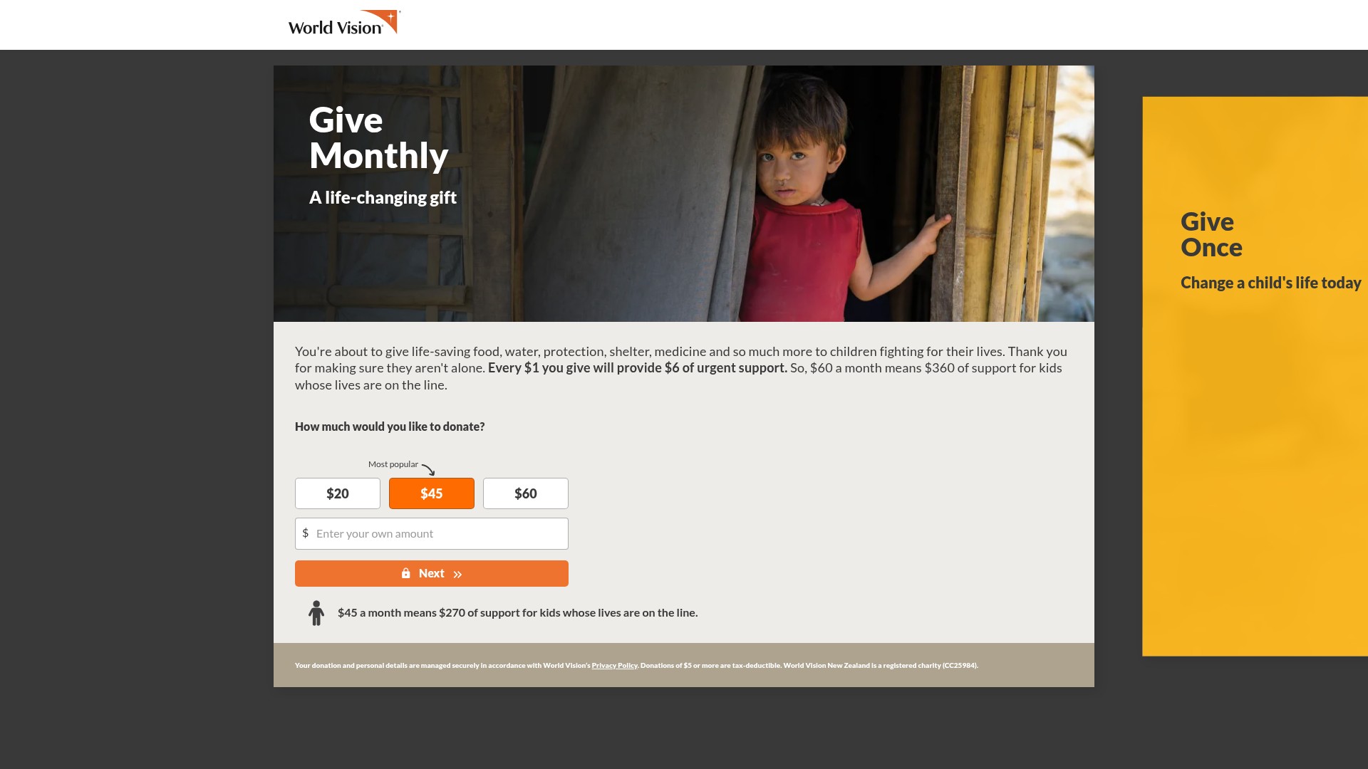 Screenshot of my.worldvision.org.nz