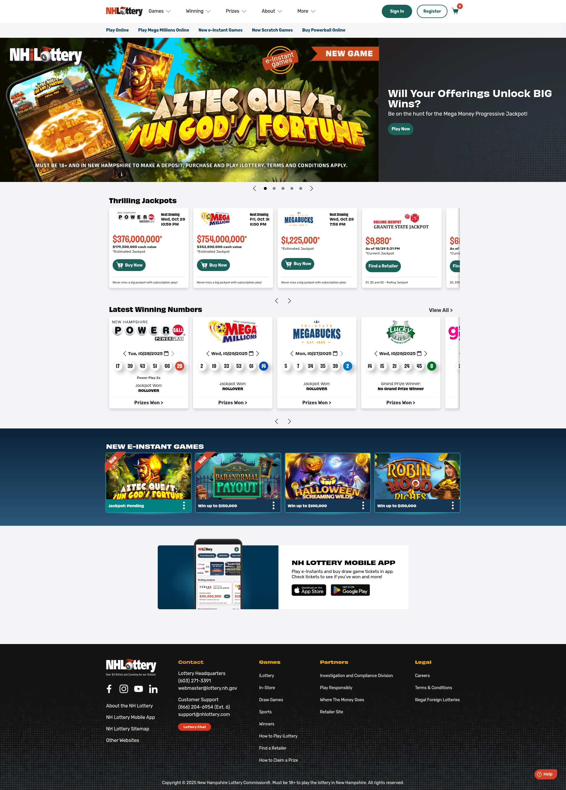 Screenshot of nhlottery.com