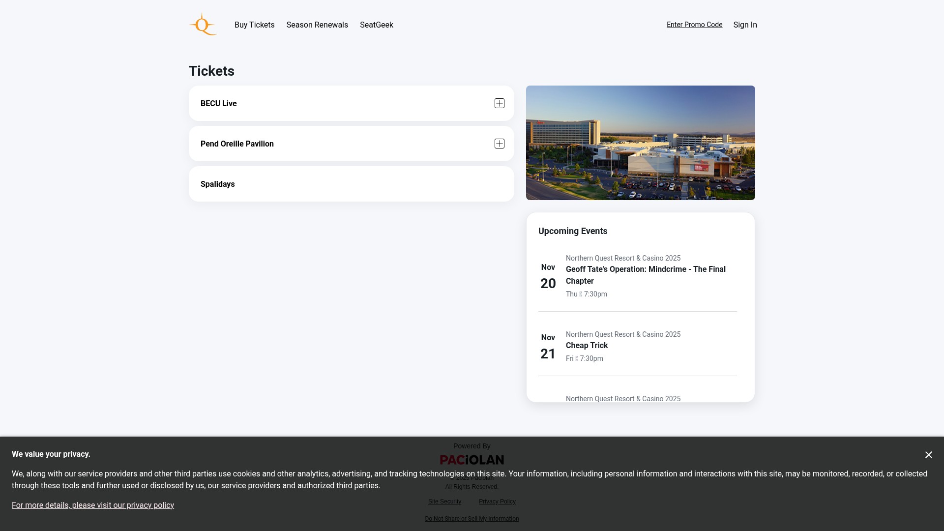 Screenshot of northernquest.evenue.net