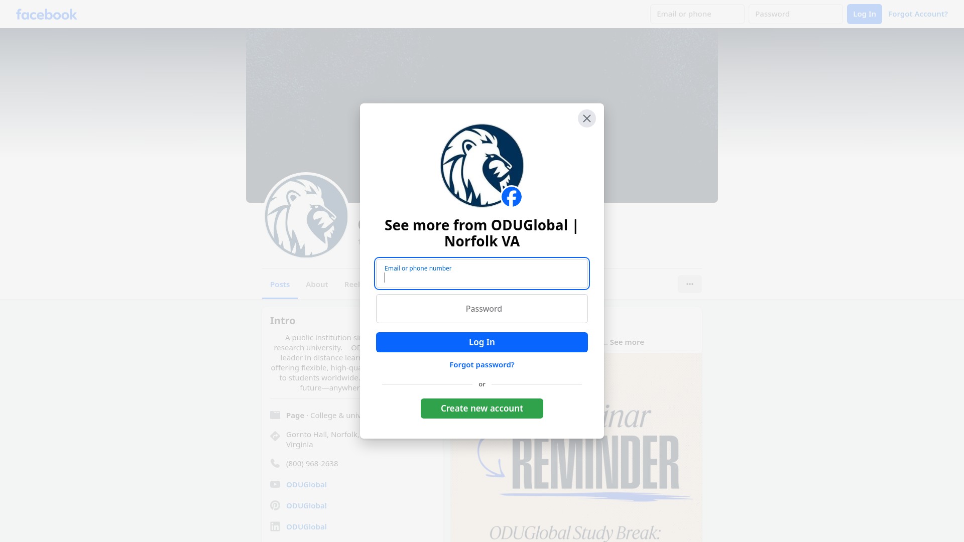 Screenshot of online.odu.edu