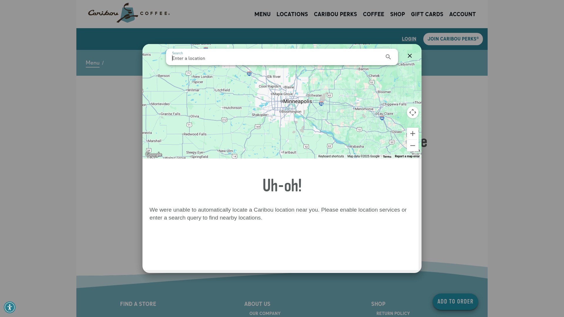 Screenshot of order.cariboucoffee.com